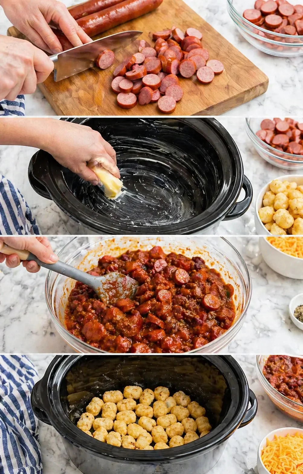 step-process-placeholder-1-4.png Sliced beef franks mixed with chili in a bowl and frozen tater tots spread in greased crockpot.
