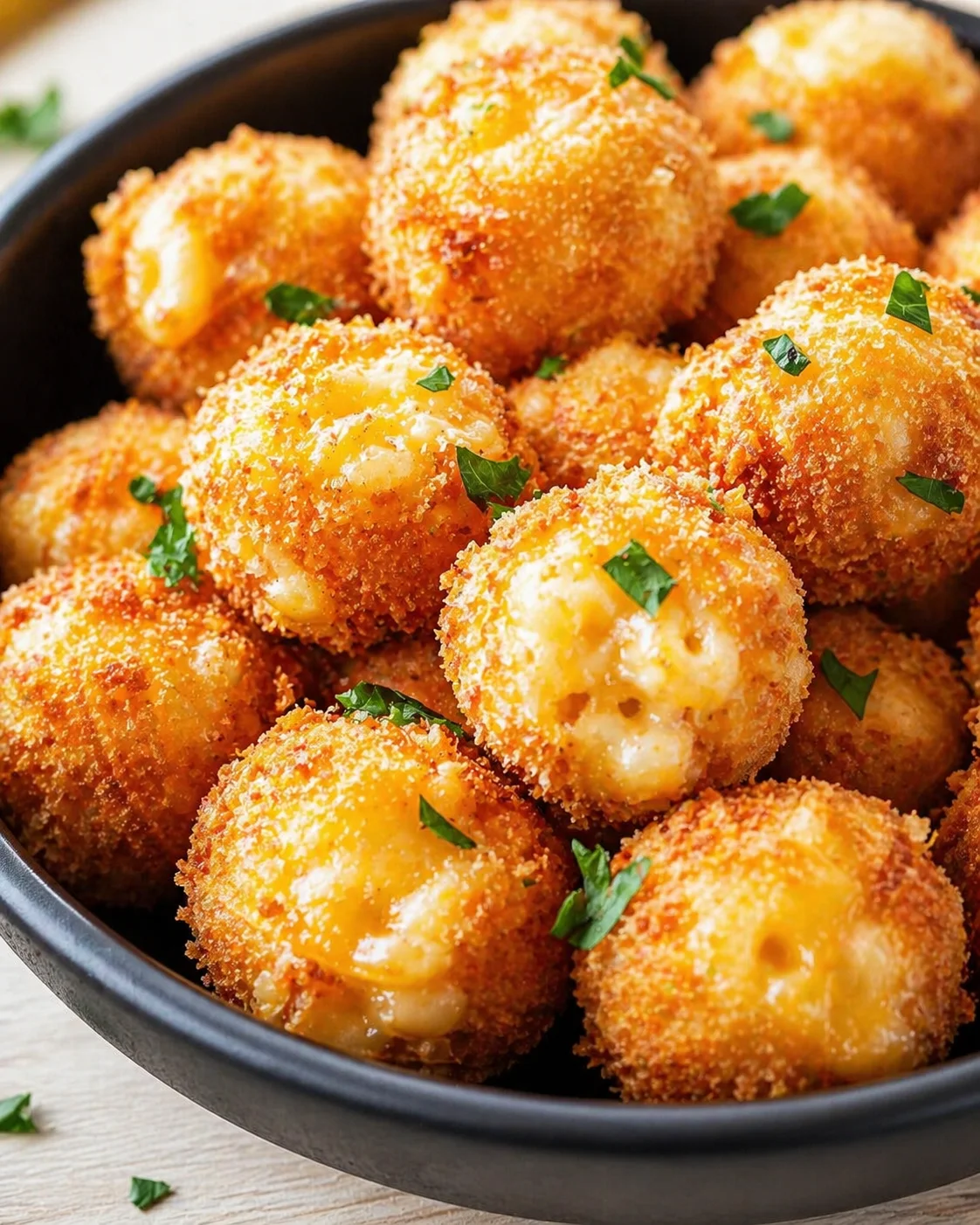 Golden fried cheese arancini in a dark pan, topped with parsley.