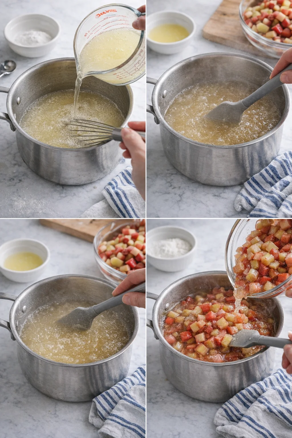 Collage of four panels showing a pot of fruit compote being prepared on a marble countertop