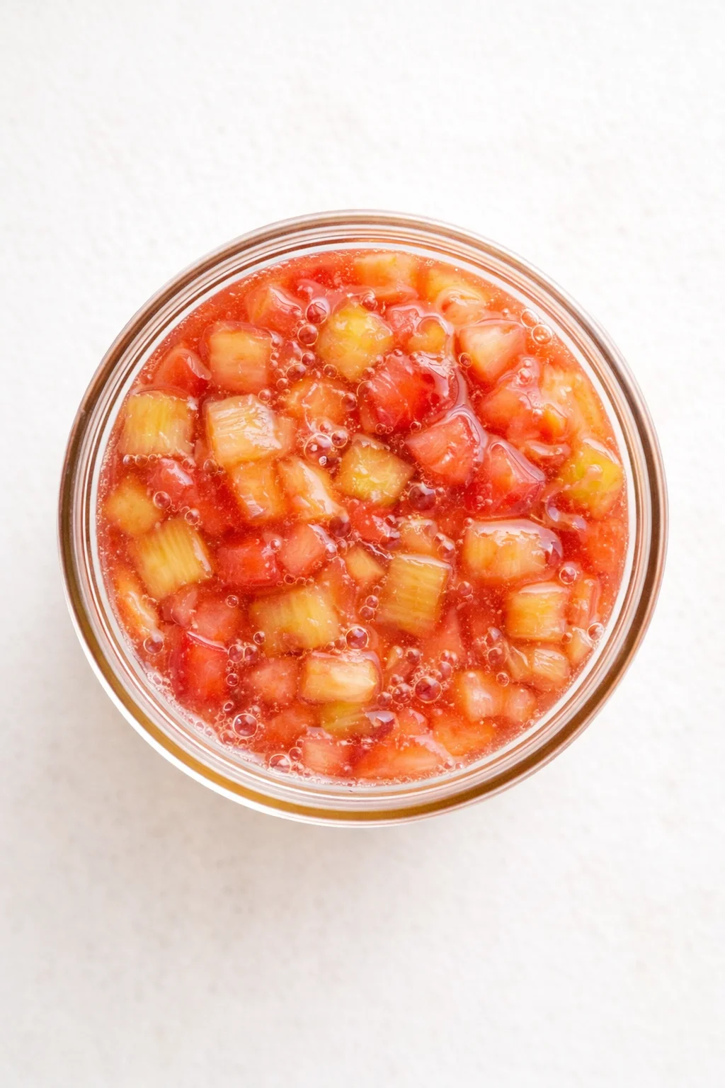 Top-down view of a glass jar filled with colorful diced fruit in pink-orange syrup.