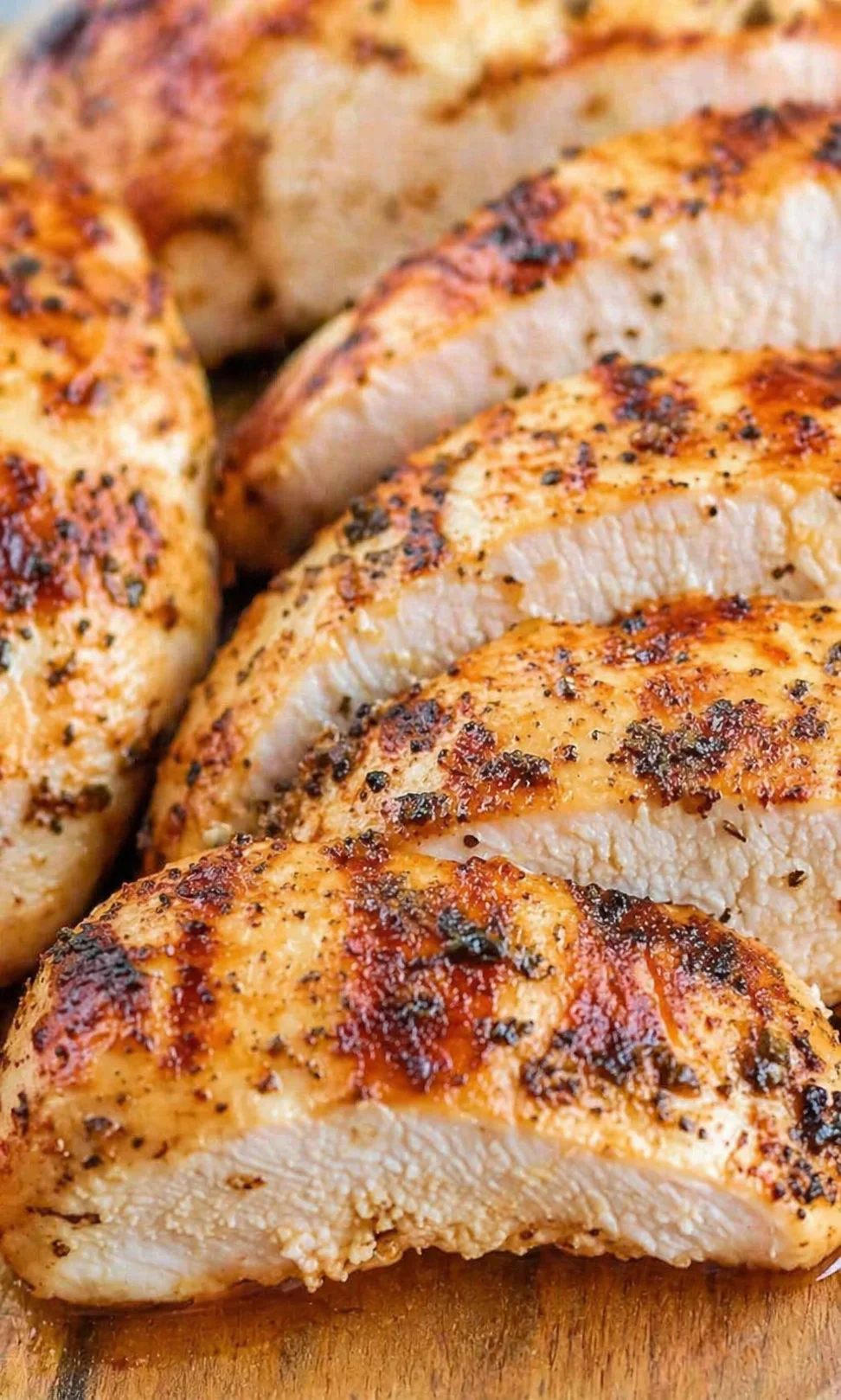 Close-up of sliced, golden-brown herb-crusted roasted chicken on a wooden board.