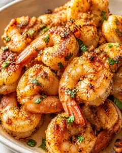 golden-brown, pan-seared shrimp garnished with chopped parsley in a skillet.