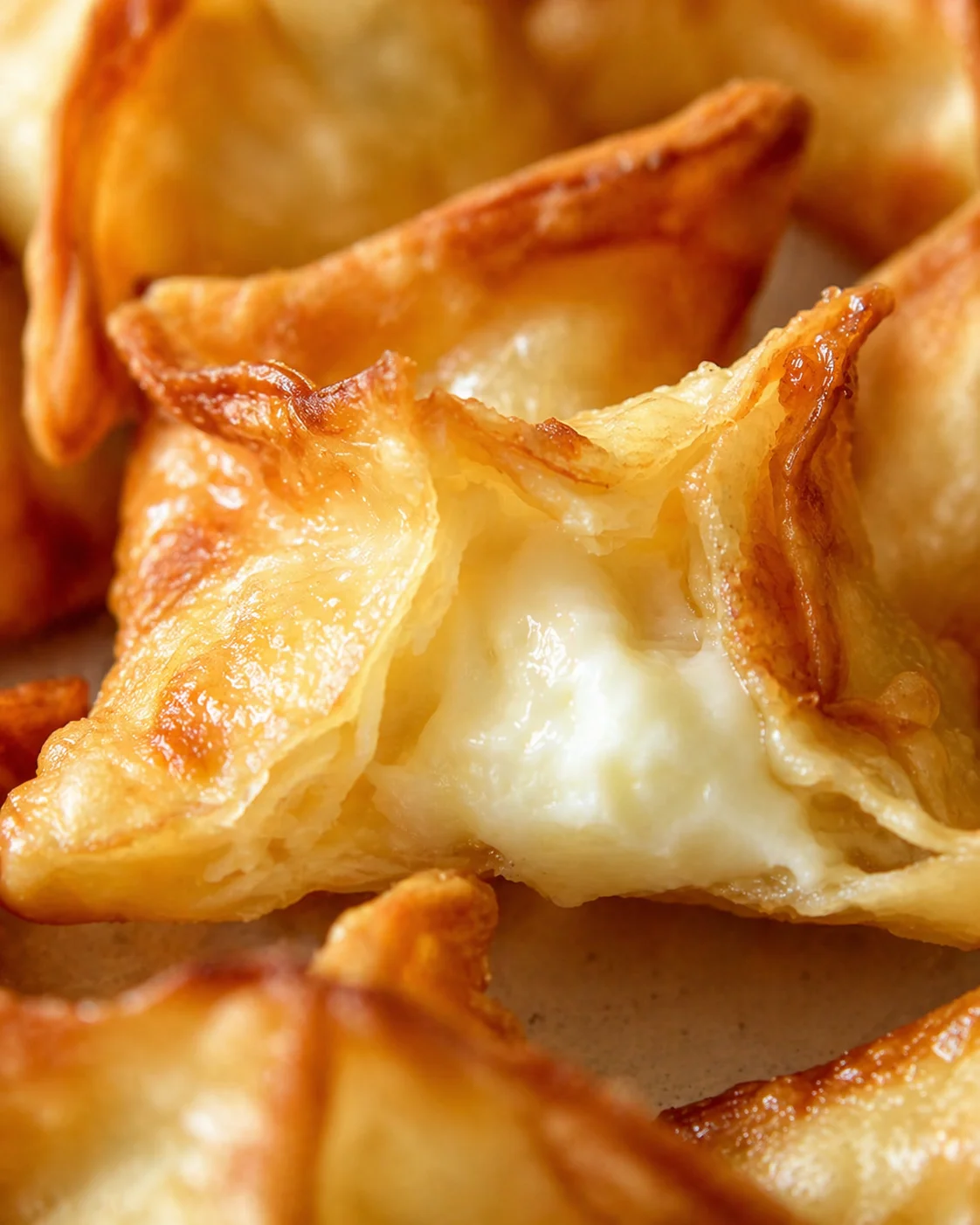 Close-up of golden flaky pastries with melted cheese oozing from their centers.