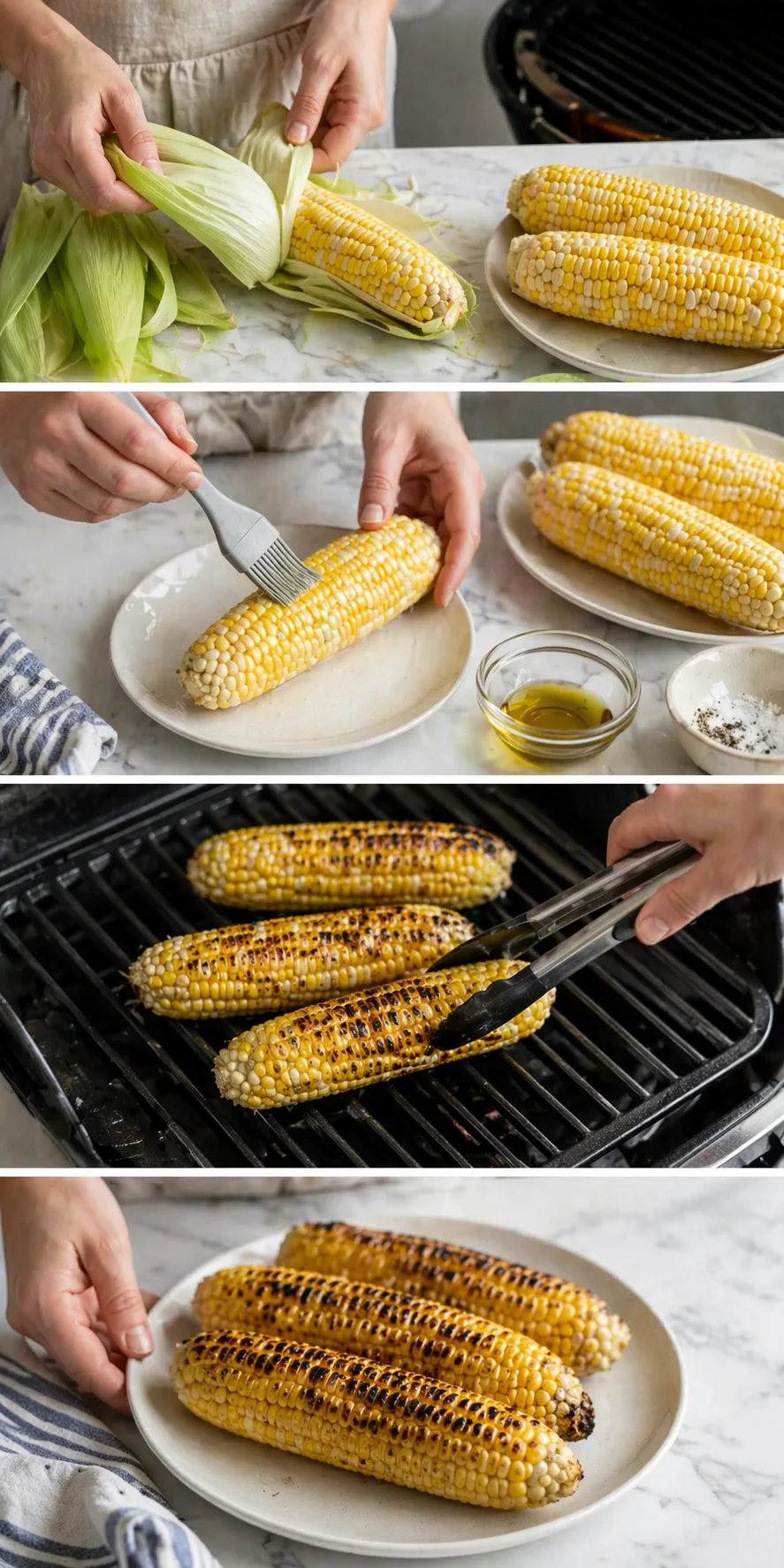 Hands peeling corn husks; fresh corn on a marble counter with a grill in the background
