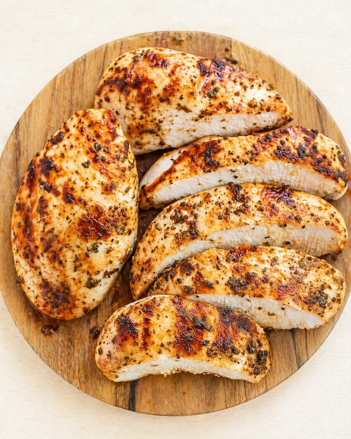 Golden-brown, herb-crusted chicken breasts sliced on a round wooden board.