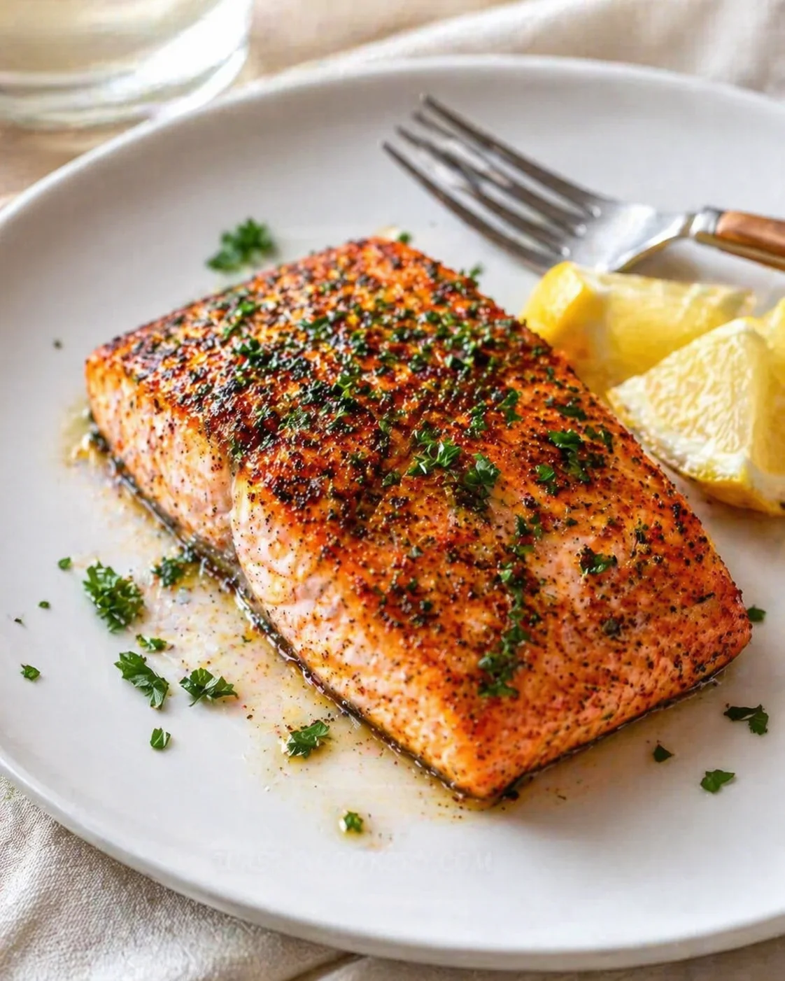 Crispy herb-seasoned salmon fillet with lemon wedges and parsley on a plate.