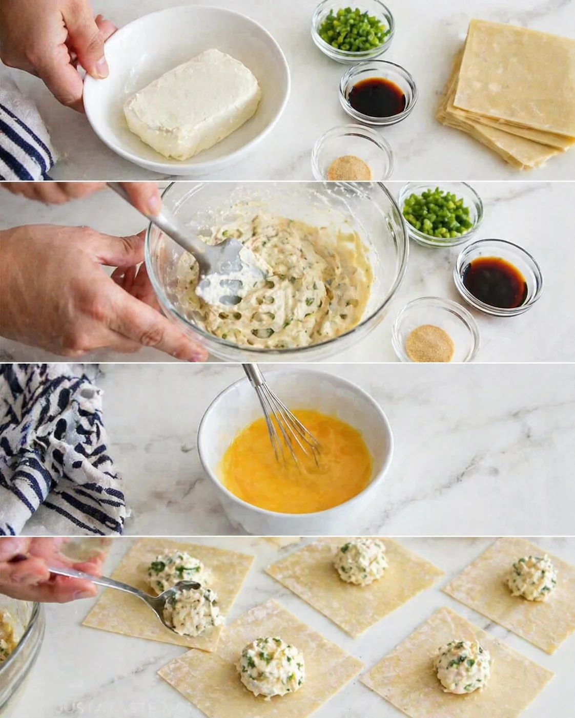 Four-panel collage showing cream cheese filling with herbs, mixing, beaten eggs, and filling pastry squares.