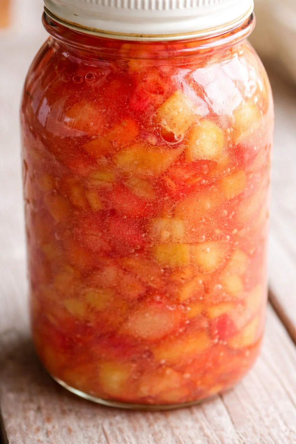 Transparent jar with a white lid, filled with diced fruit in orange-red syrup on a rustic wooden surface.