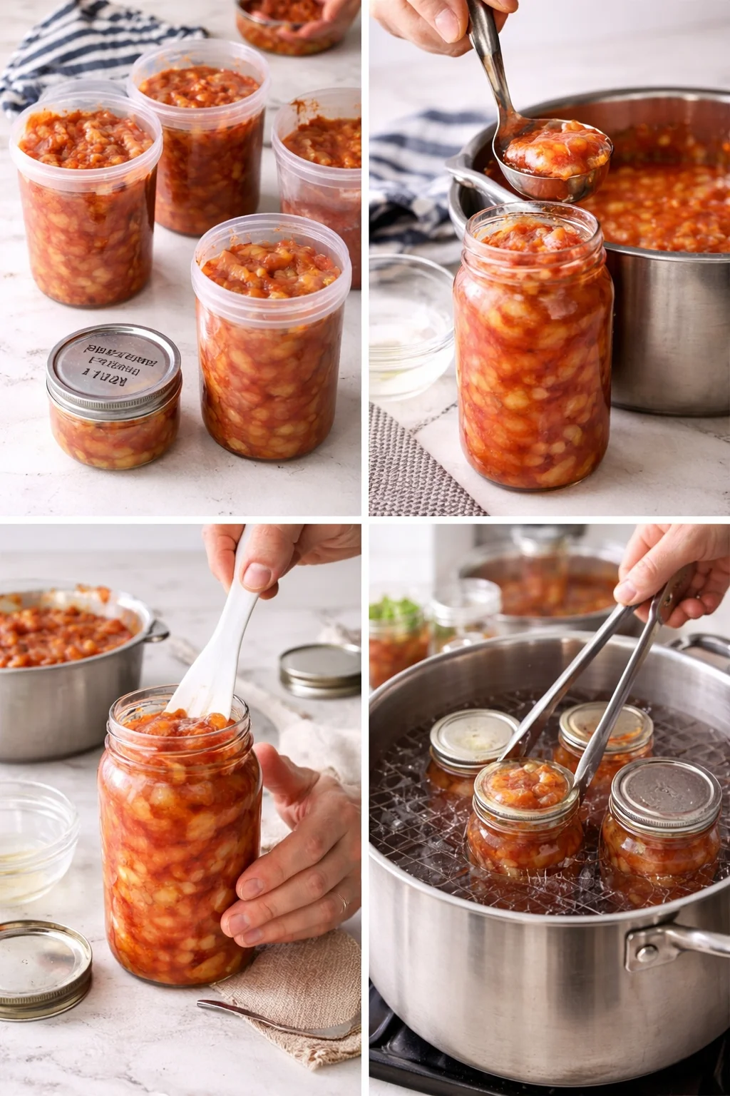Several glass jars filled with chunky tomato salsa on a kitchen counter during canning.