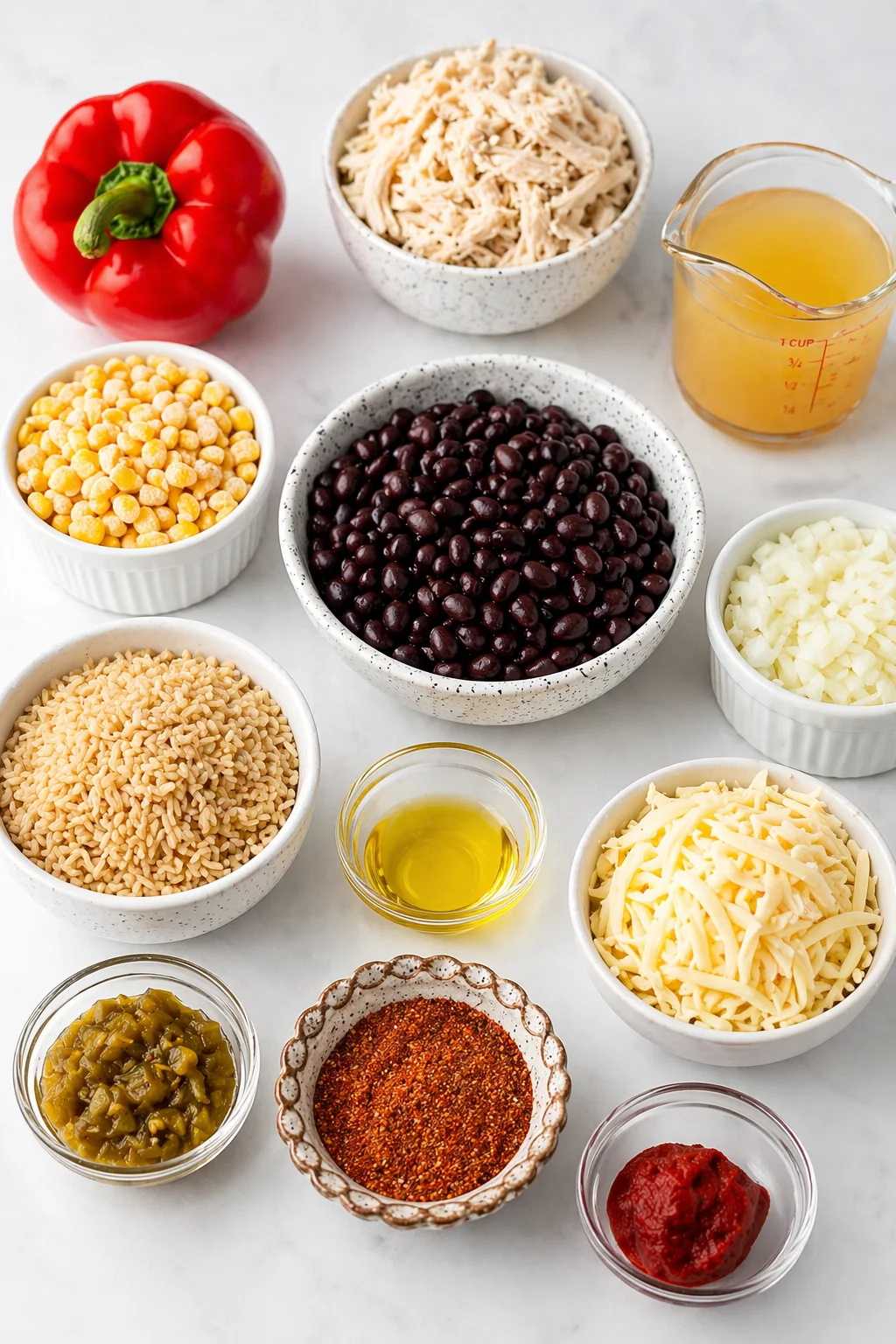 Assorted ingredients like rice, beans, chicken, and cheese for a casserole