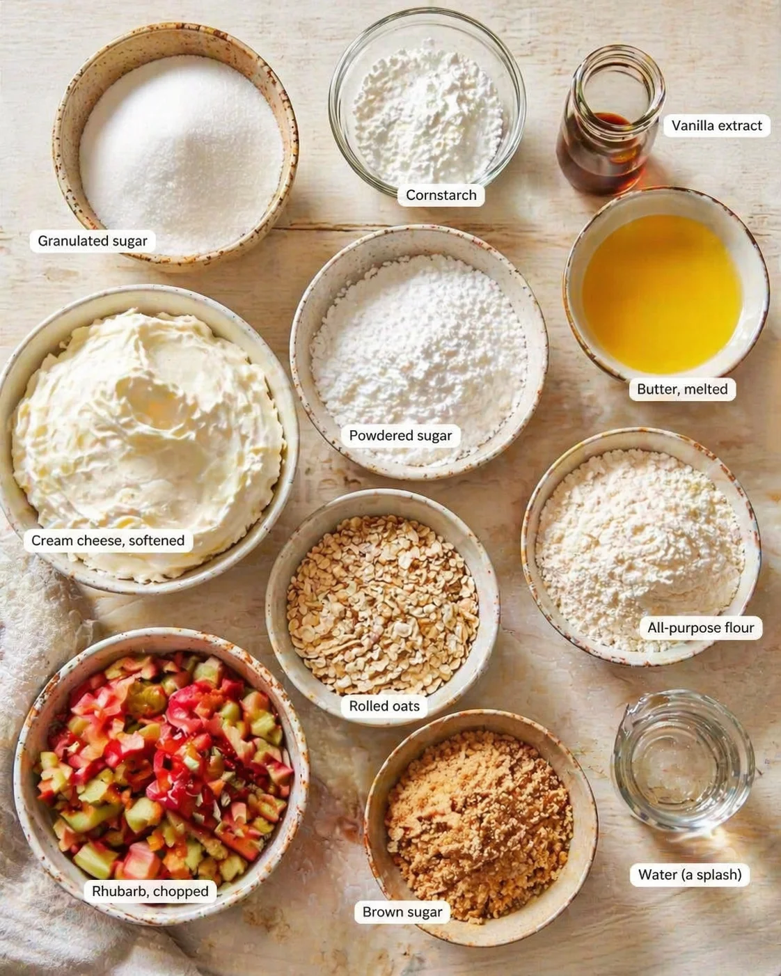 flat lay of labeled bowls with rhubarb, cream cheese, sugars, flour, oats, and melted butter