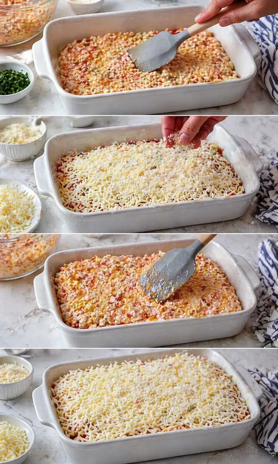 collage of hands assembling a cheesy casserole: spreading sauce, layering cheese, in a white baking dish.