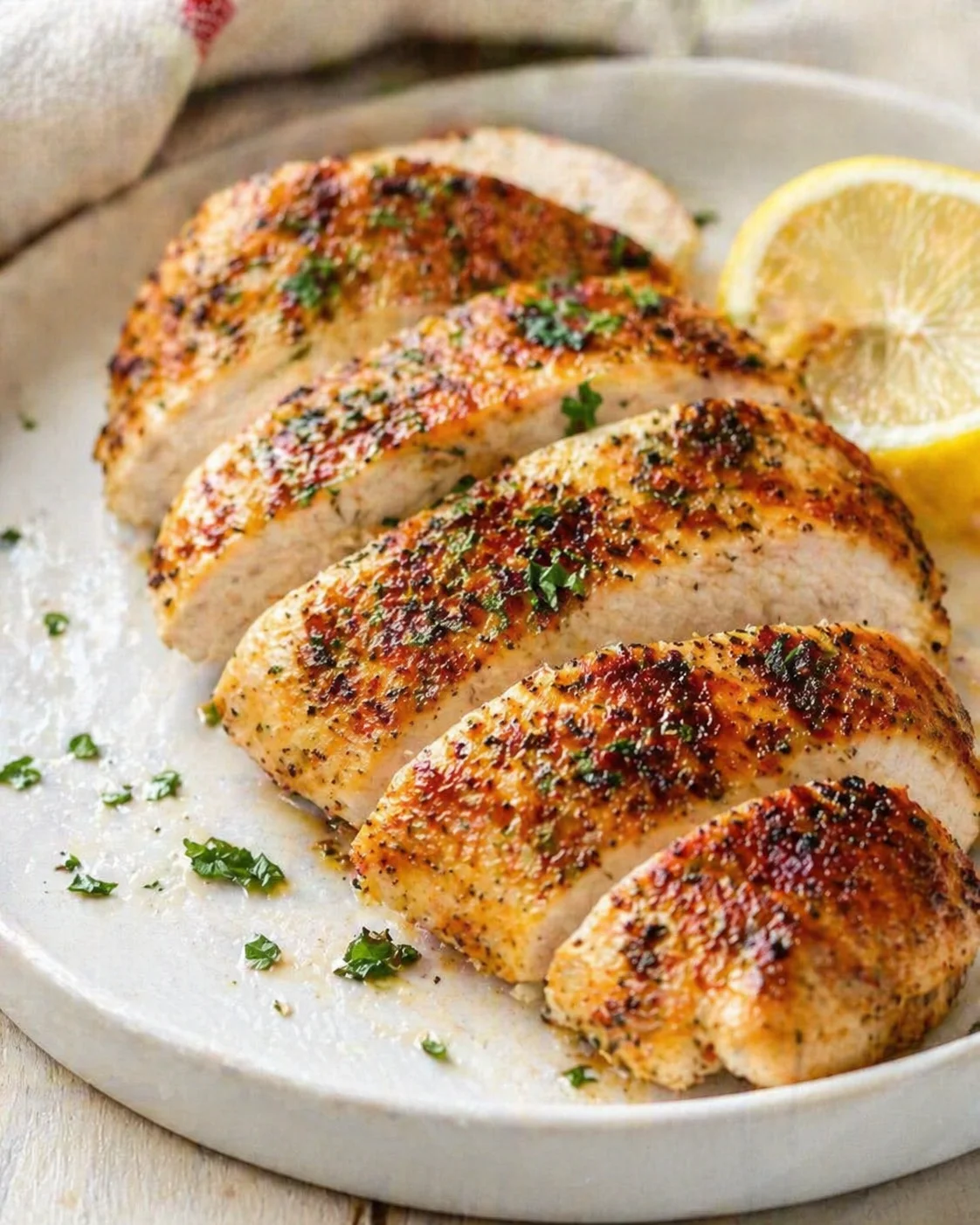 Golden-brown herb-crusted chicken slices on a white plate with lemon wedges.