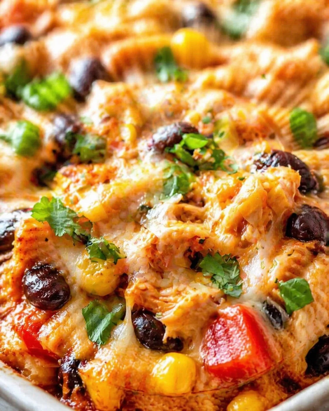 Close-up of a bubbling, cheese-topped baked dish with corn, olives, peppers, and cilantro