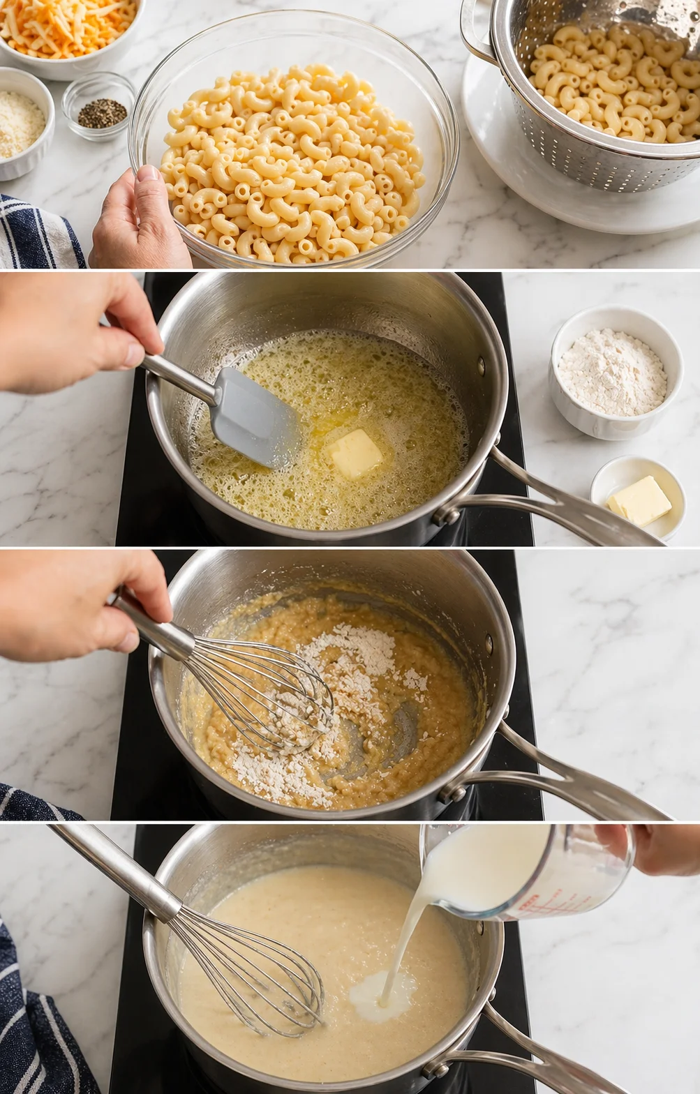 collage showing macaroni prep: uncooked elbow pasta, melted butter roux, whisking, and adding milk for cheese sauce