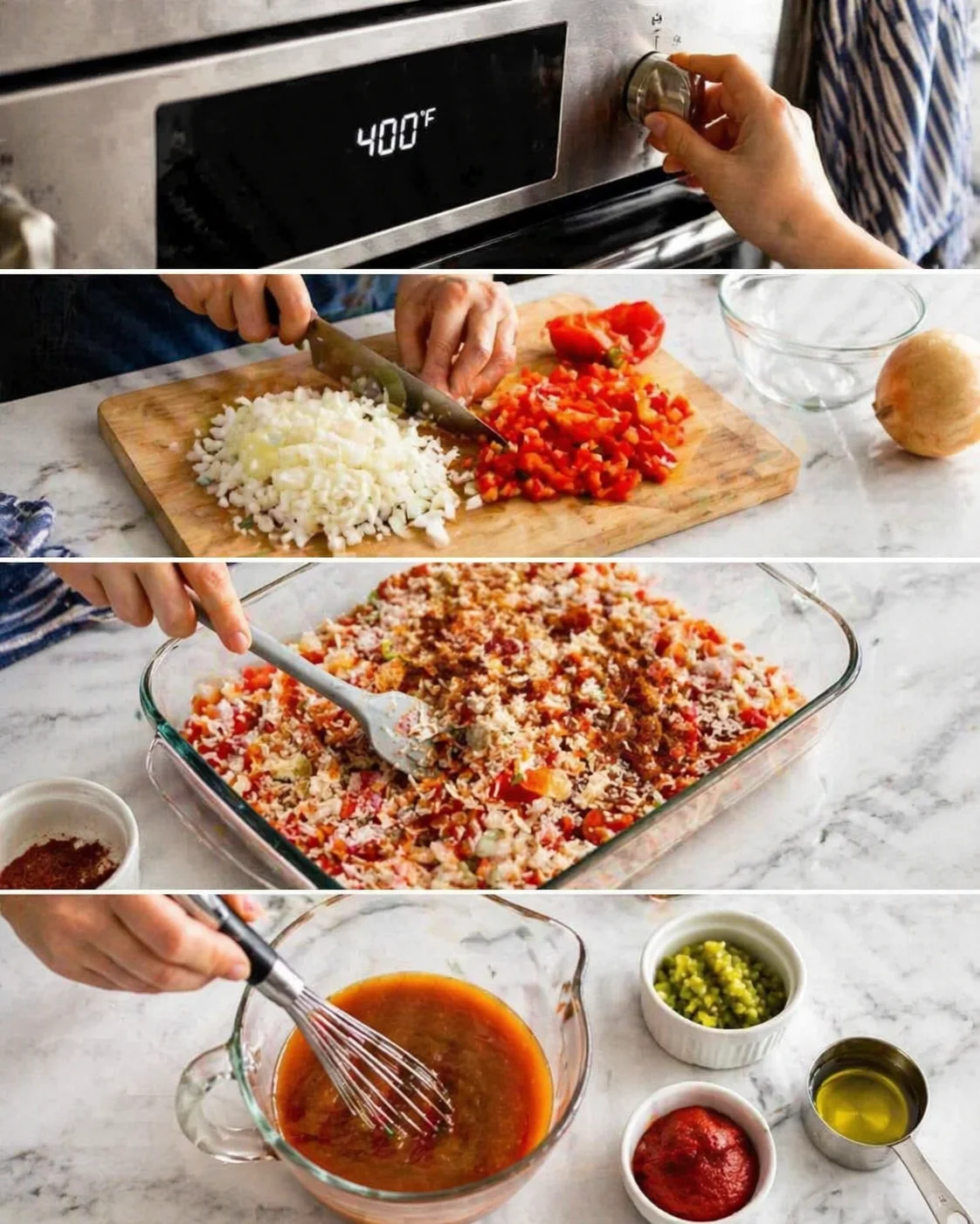 collage showing cooking steps: oven at 400°F, dicing onions and red peppers, mixing a sauce.