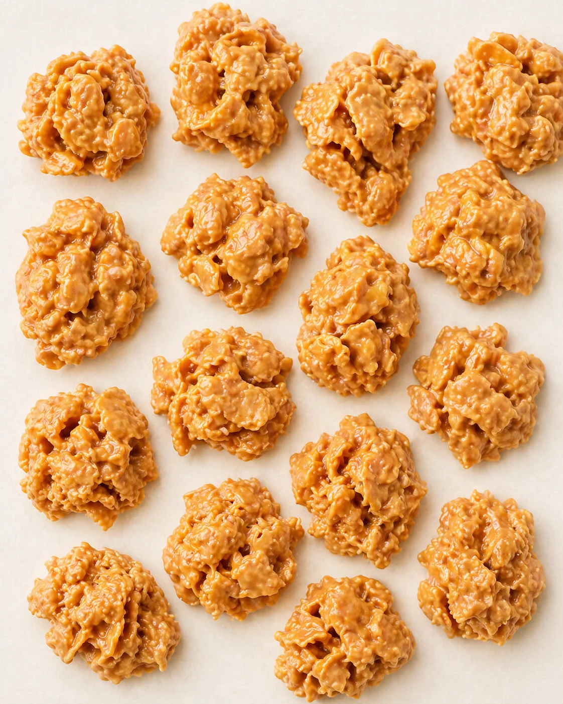 Row of caramel-colored bite-sized clusters on parchment paper, arranged in a neat grid.