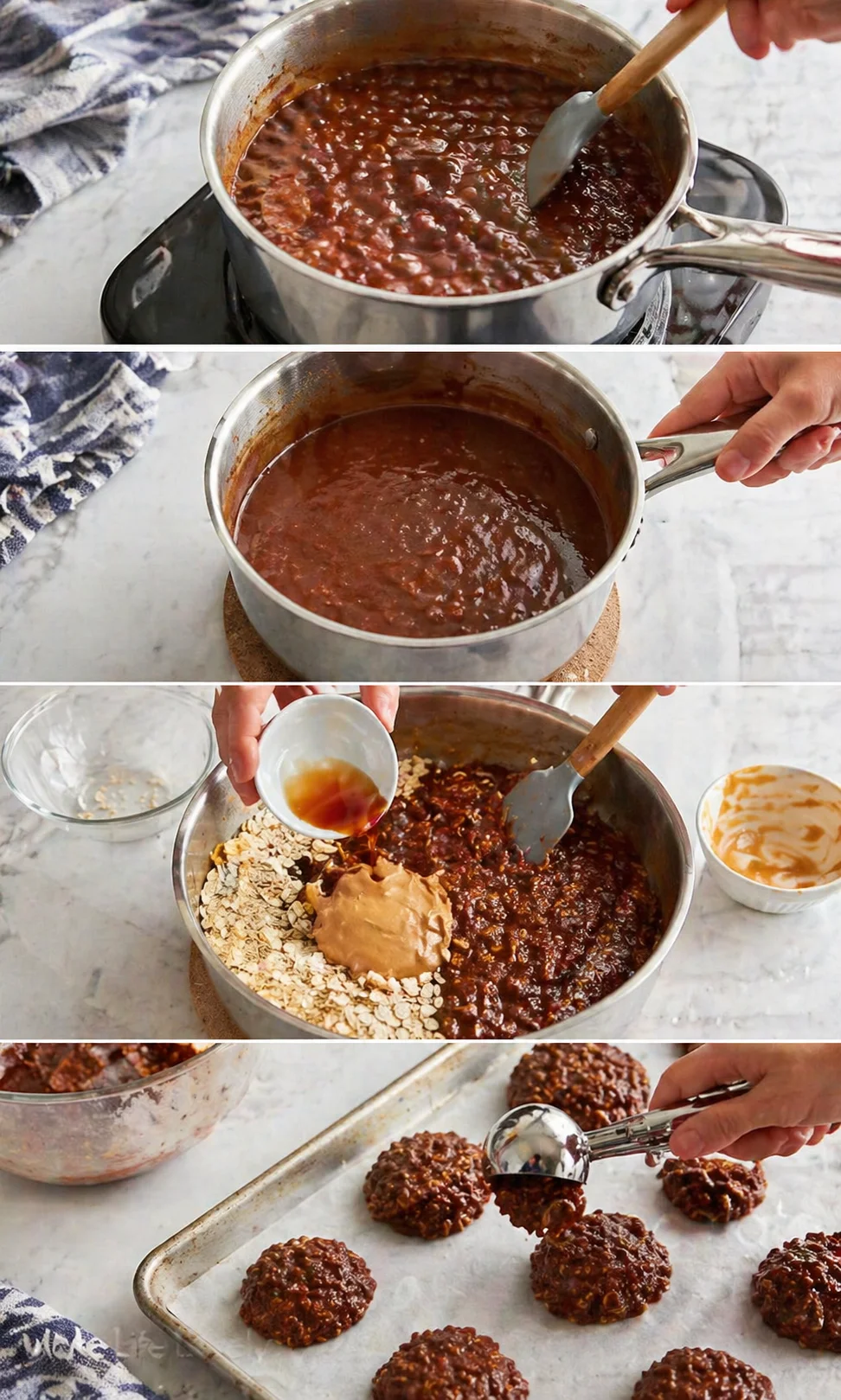 Collage showing step-by-step cookies making: simmering red-brown sauce in a pot, oats and peanut butter, then cookies on a sheet.