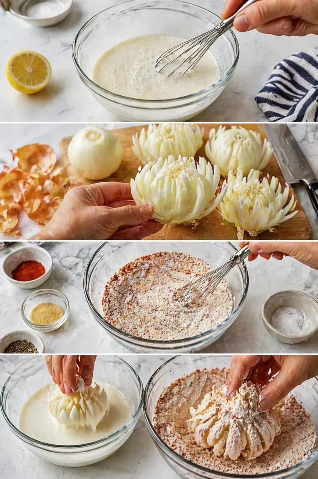 collage showing batter whisking, shaping onion flowers, and coating for frying in a bright kitchen.