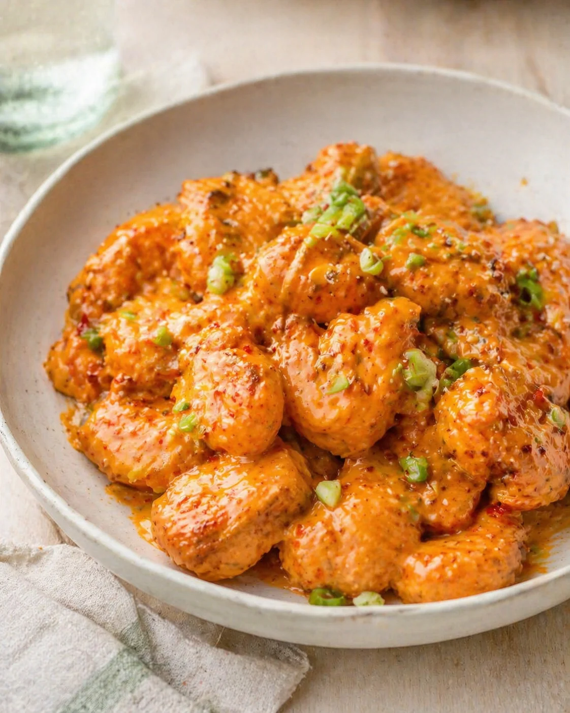 glossy orange-glazed chicken bites in a light ceramic bowl, topped with chopped green onions