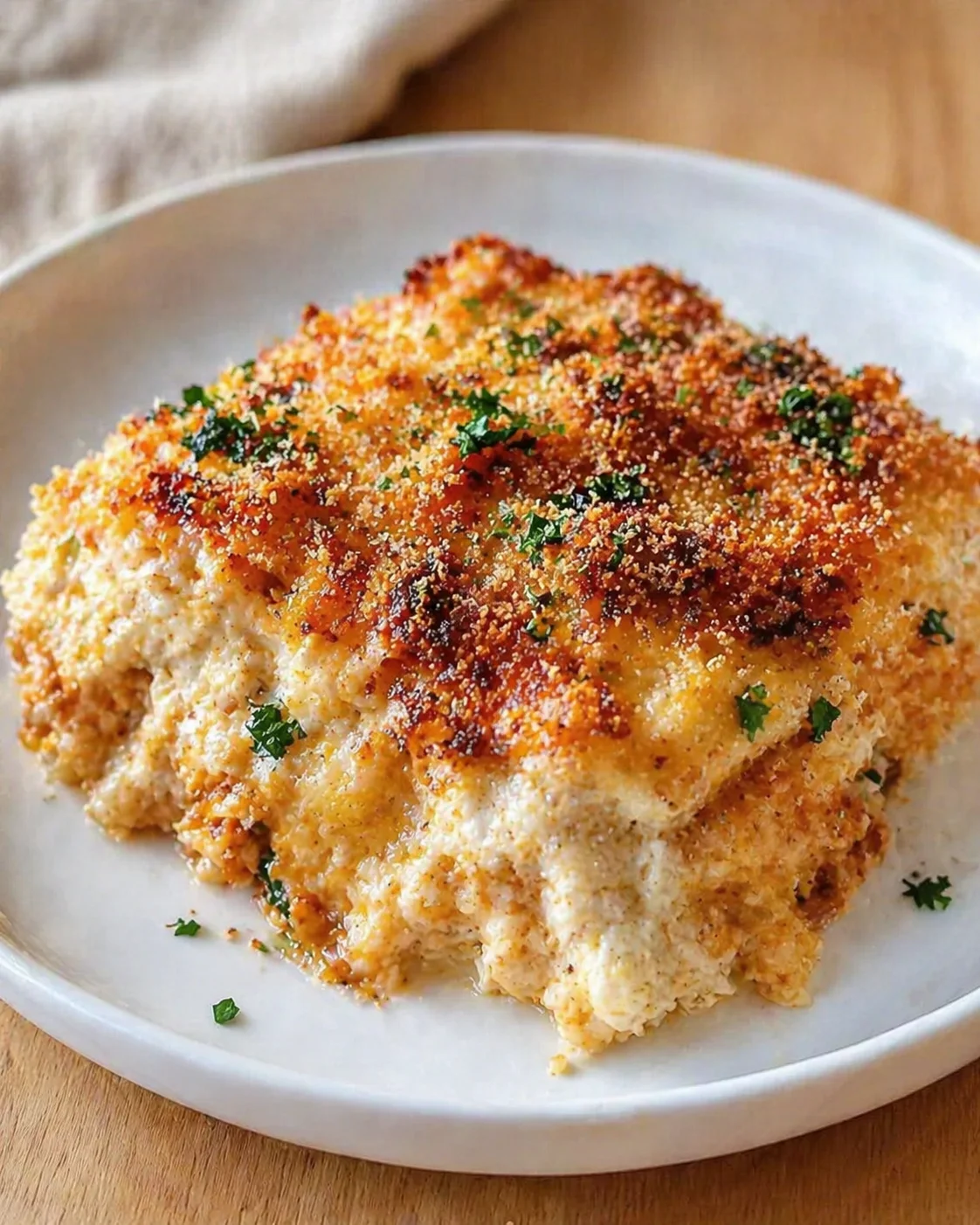 Golden-brown crusted baked chicken on a white plate, sprinkled with parsley.