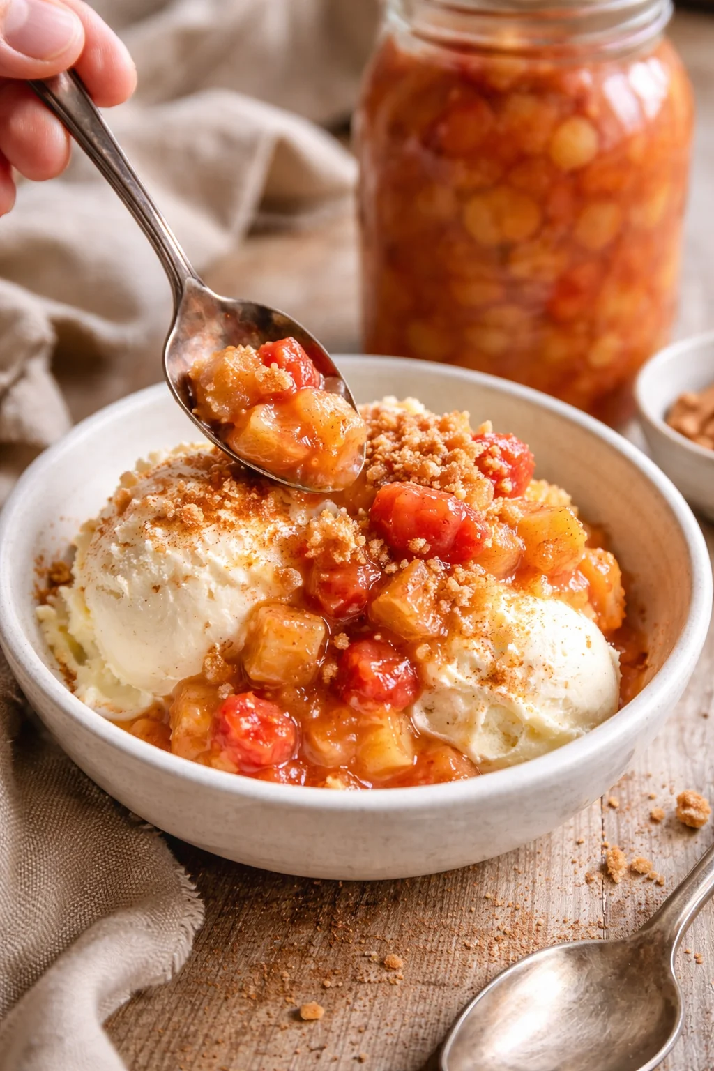 A bowl of vanilla ice cream topped with peach crumble and fruit compote.