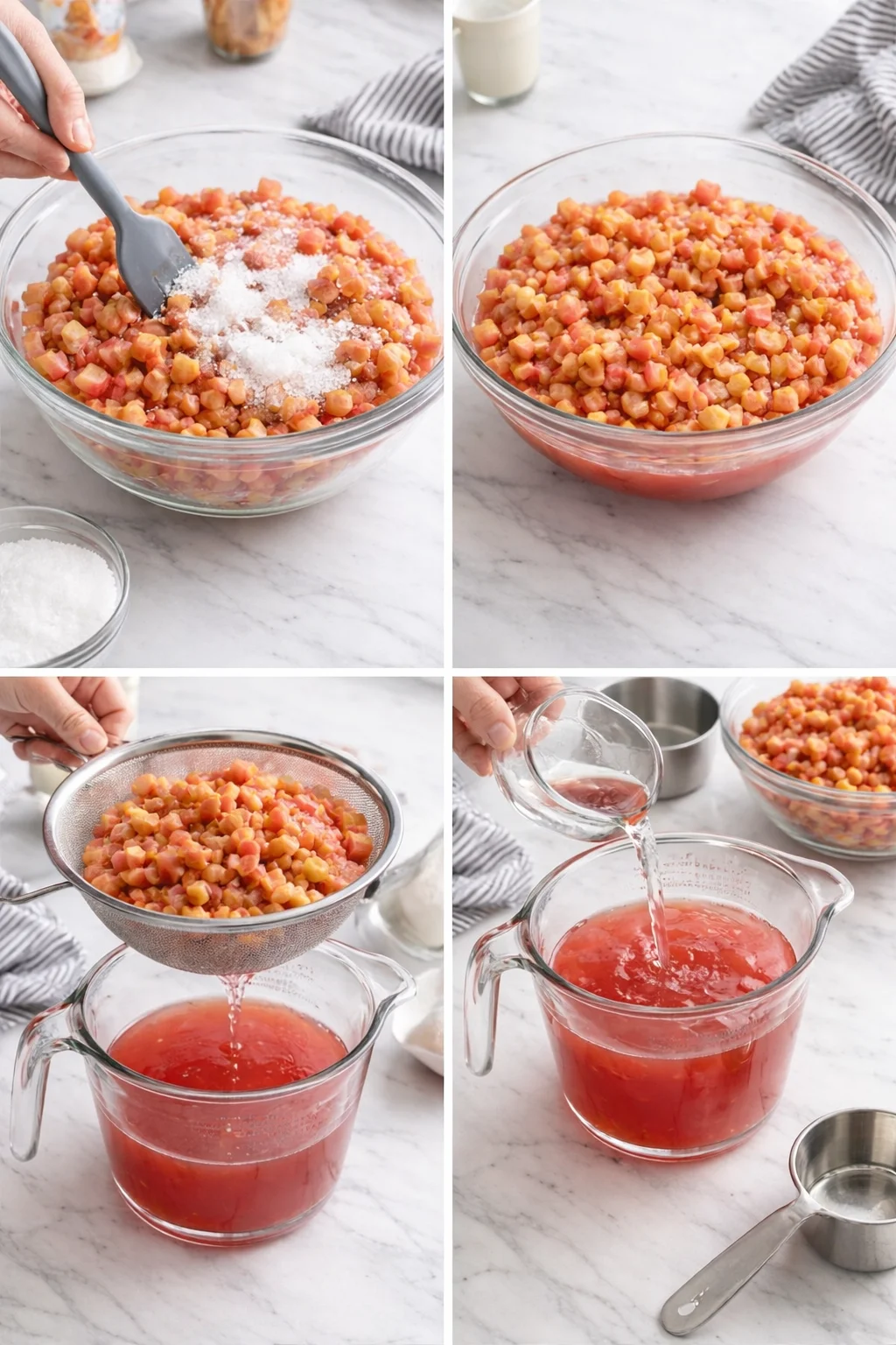 Four-panel collage of diced peaches with sugar, a strainer, and pouring juice for jam