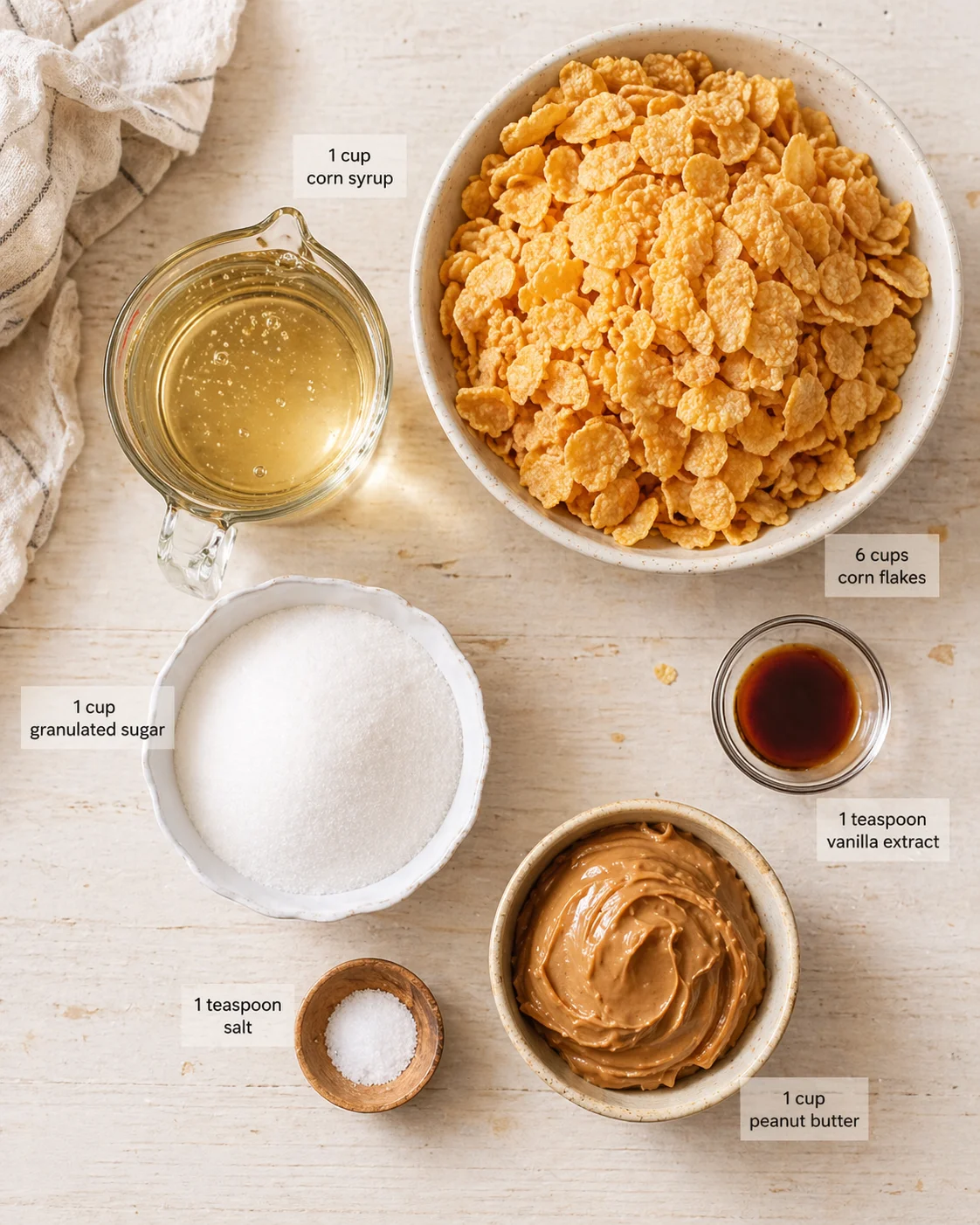 Overhead view of corn flakes, peanut butter, and labeled ingredients on a light wood surface.