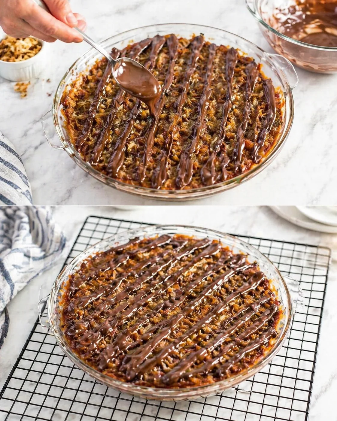 glass baking dish with pecan crumble bars drizzled in chocolate on a marble countertop