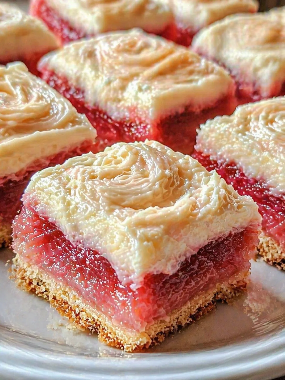 Close-up of pink velvet dessert bars with white frosting rosettes on a plate.