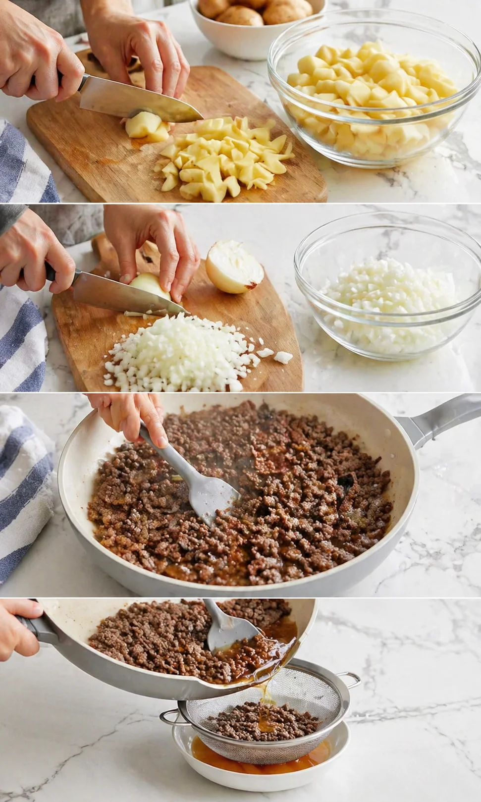Collage of potato and onion prep, browned meat, and straining liquid in a skillet.