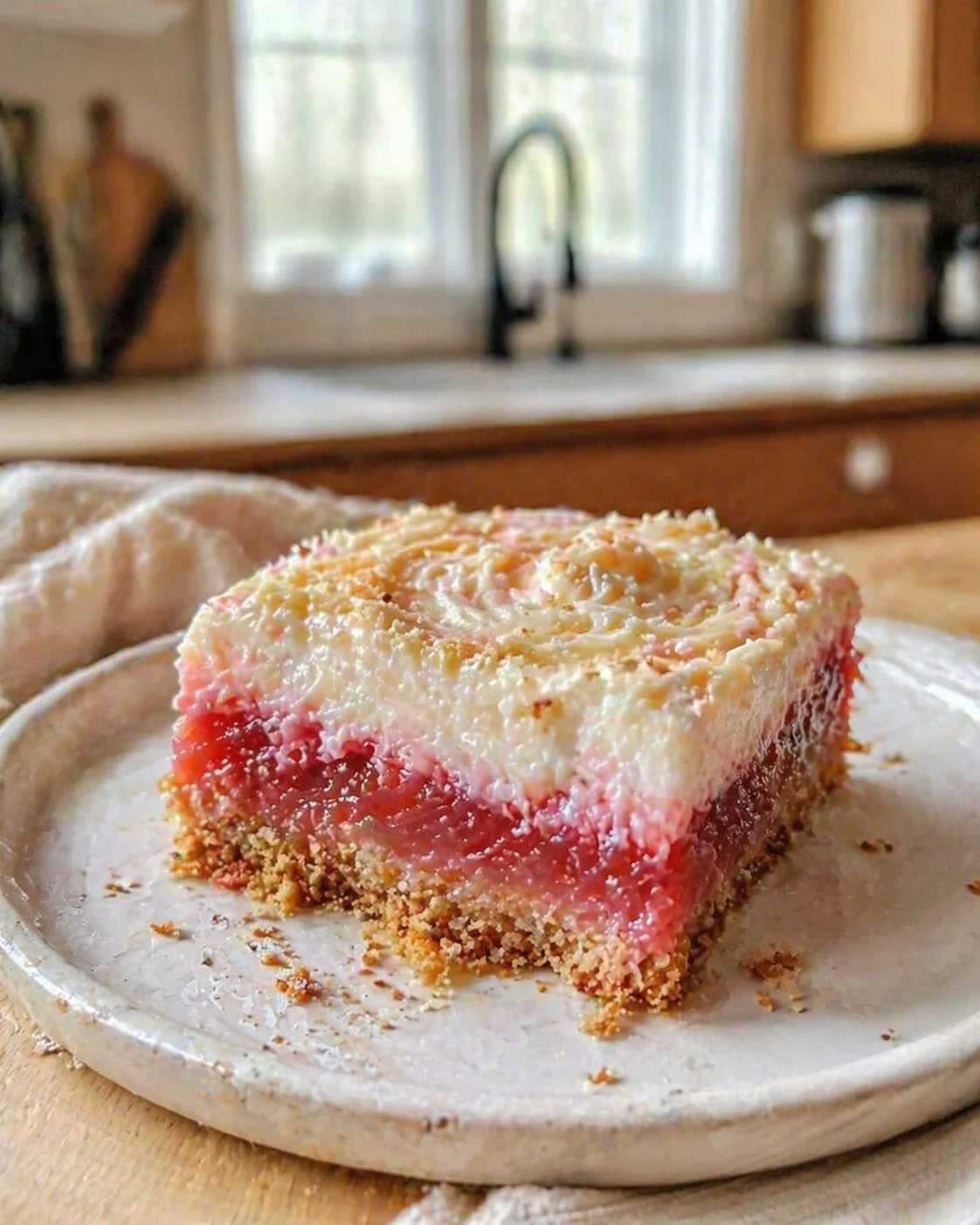 slice of raspberry cheesecake with coconut topping on a ceramic plate