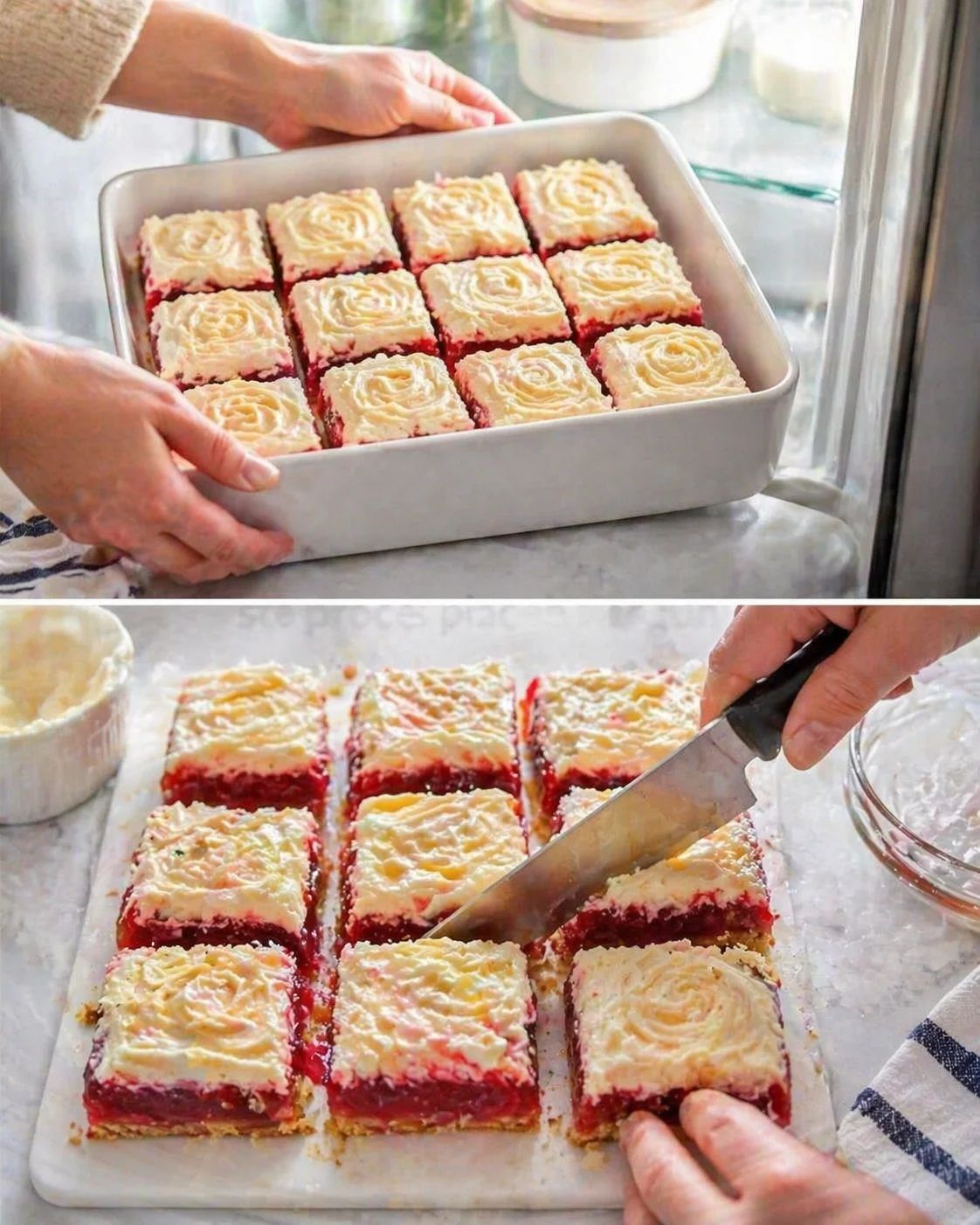 Two-panel view of red velvet bars topped with cream cheese frosting rose swirls.
