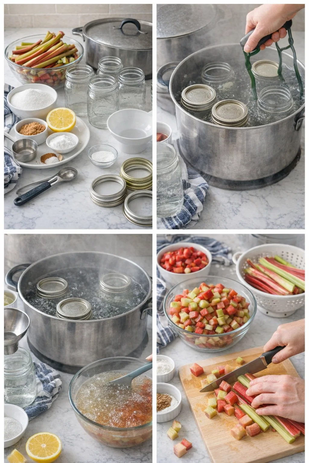 collage of a kitchen canning setup with jars, lemons, sugar, and chopped rhubarb on a cutting board