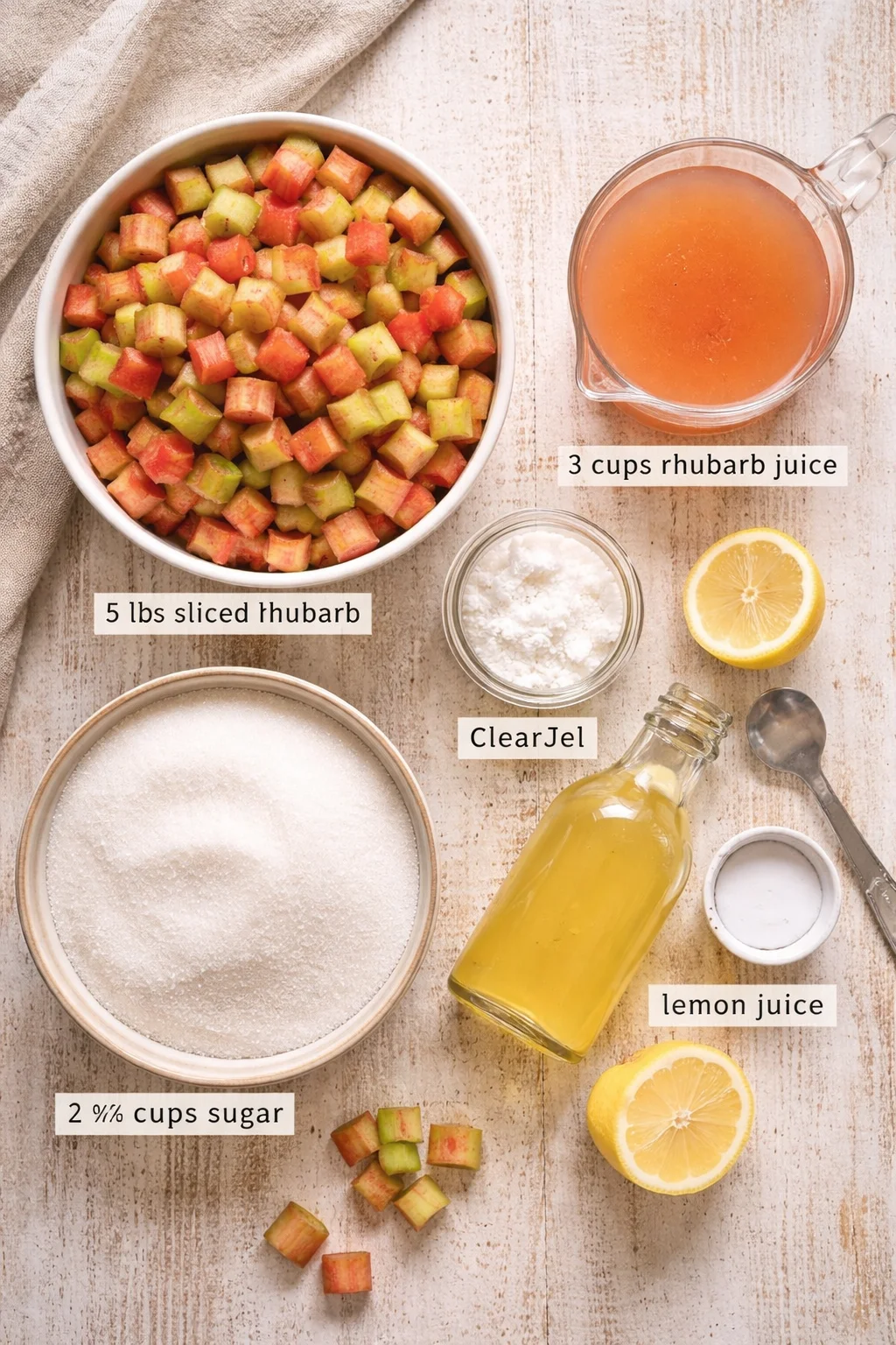 Top-down view of chopped rhubarb, sugar, lemon juice, and rhubarb juice on a wooden table.