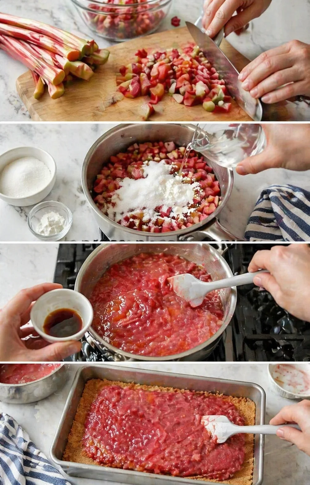 Collage of rhubarb prep and cooking: chopped stalks, diced fruit in pot with sugar, simmering, and a crust-topped bake