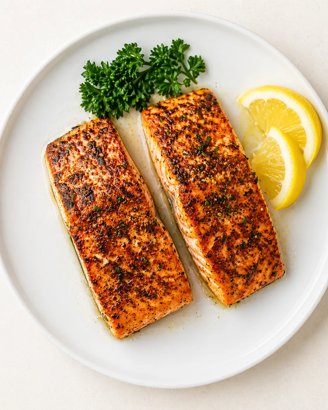 Two seared salmon fillets with pepper crust on a white plate, garnished with parsley and lemon wedges.