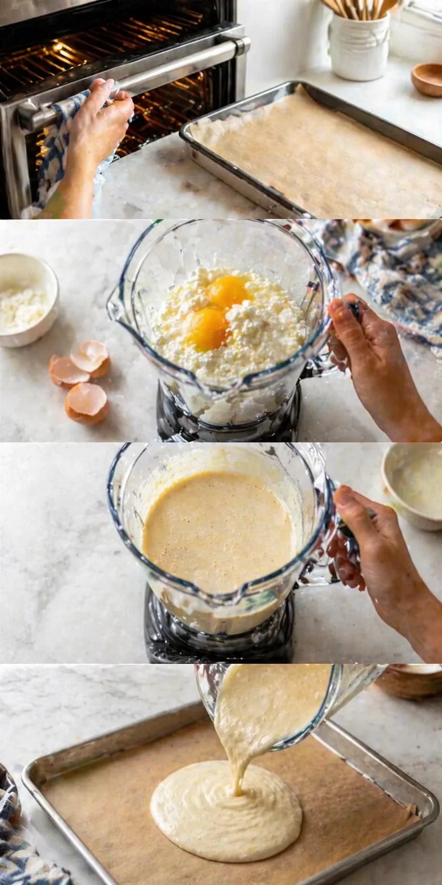 collage of kitchen steps: opening oven, blending ricotta-eggs, pouring batter onto a sheet pan