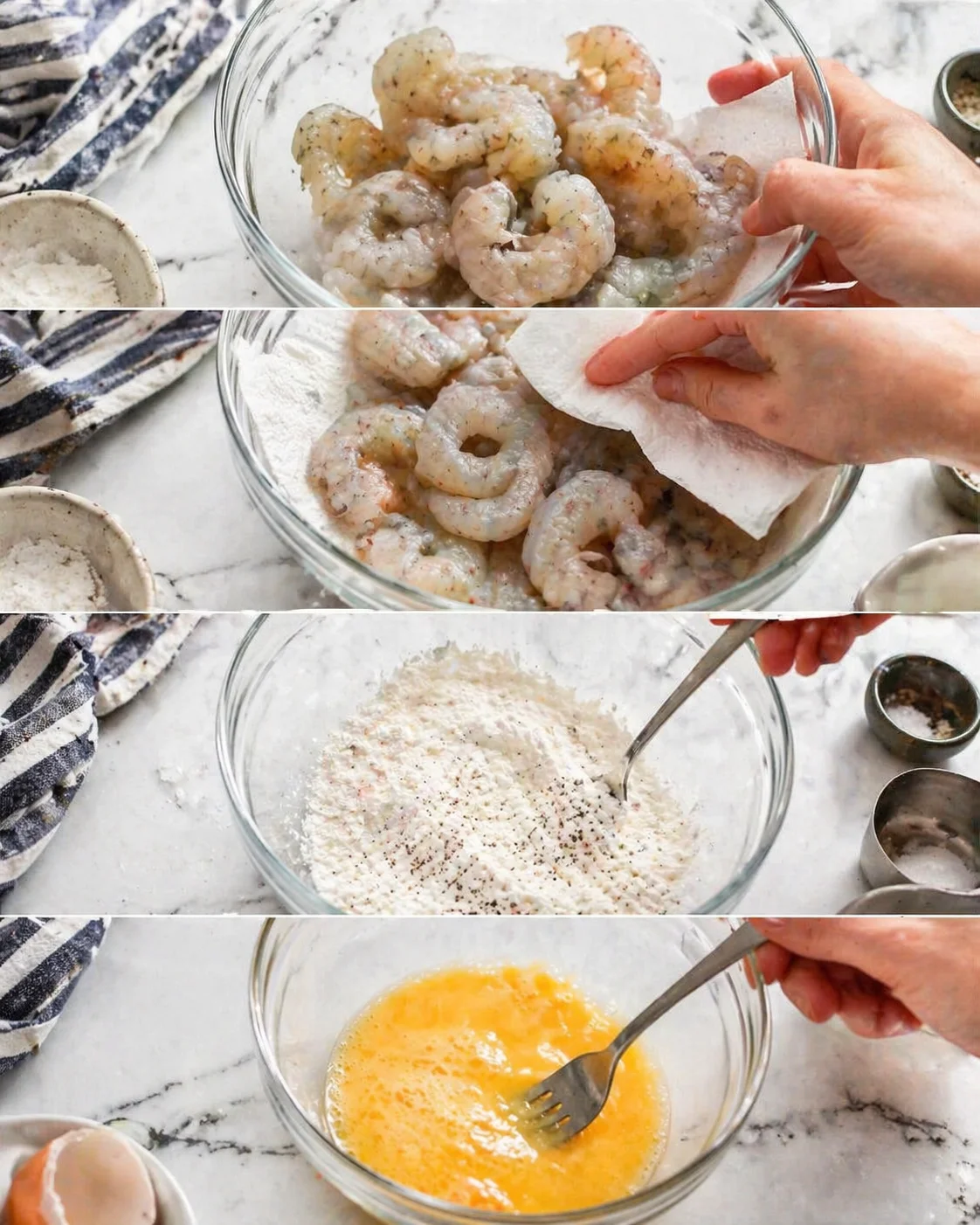 collage of shrimp breading steps: raw shrimp in bowl, dredging in flour, egg wash, breadcrumbs on marble counter
