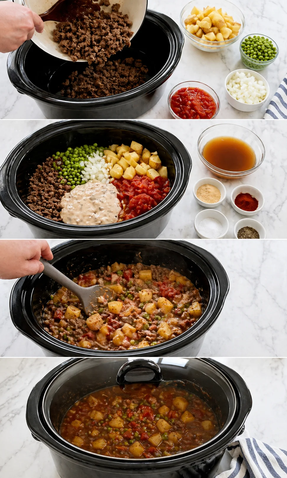 step-by-step collage showing beef, potatoes, peas, and tomatoes in a slow cooker.
