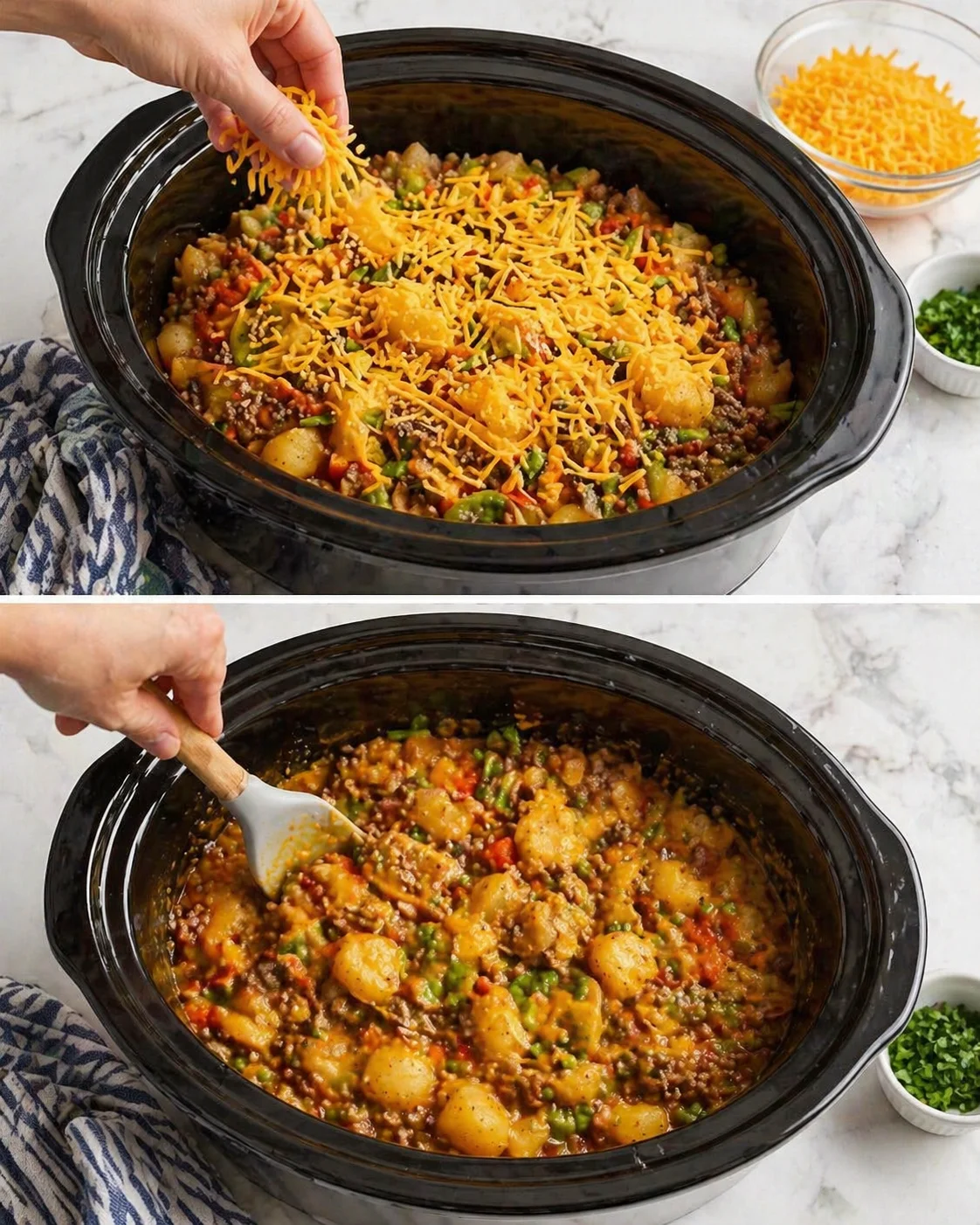 Two-panel slow cooker dish with potatoes, beef, peppers, and cheese being added and stirred.