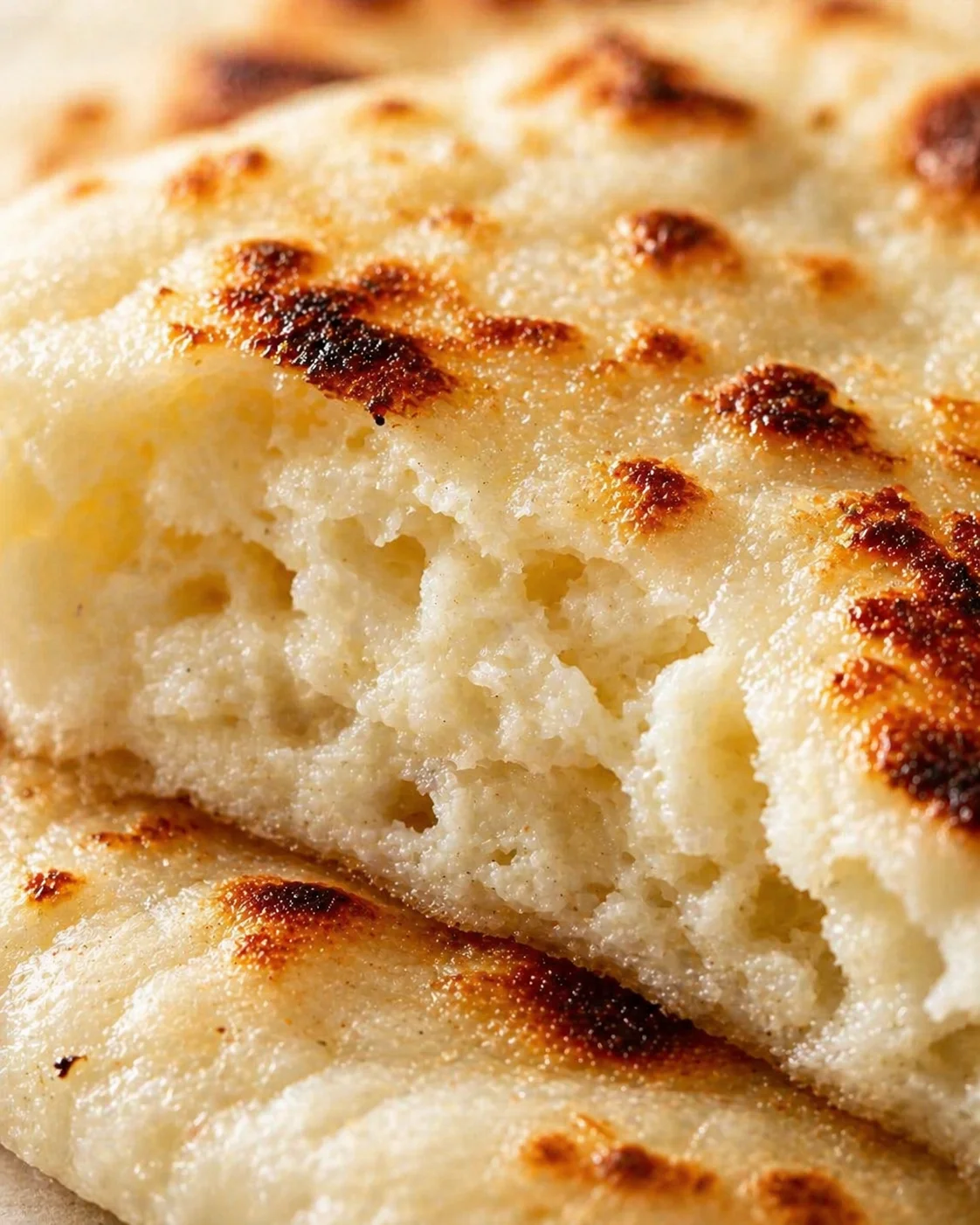 Close-up of a soft, airy focaccia with blistered golden crust.