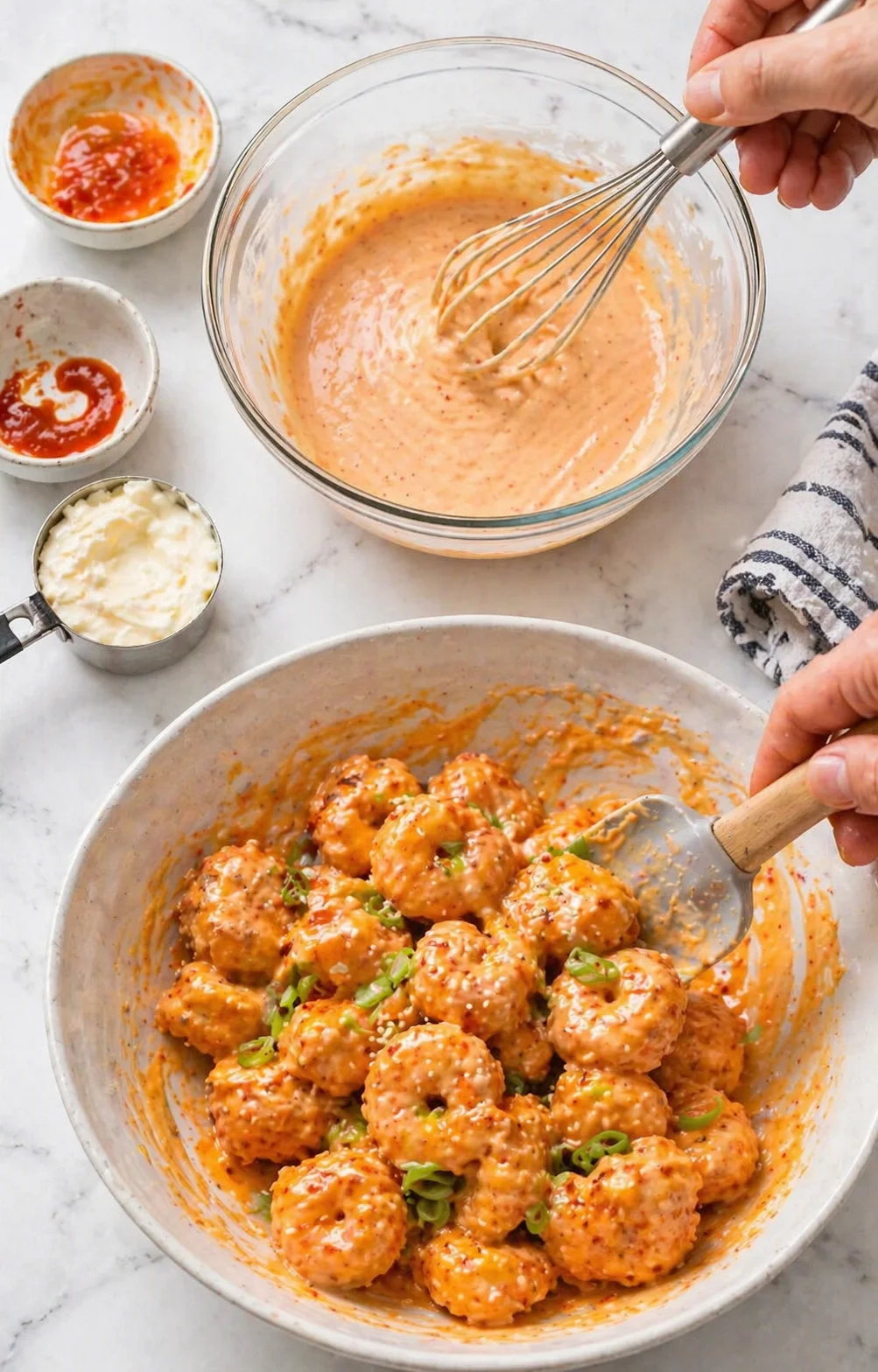 Hands whisk orange sauce in glass bowl as orange-glazed meatballs are tossed in a large mixing bowl