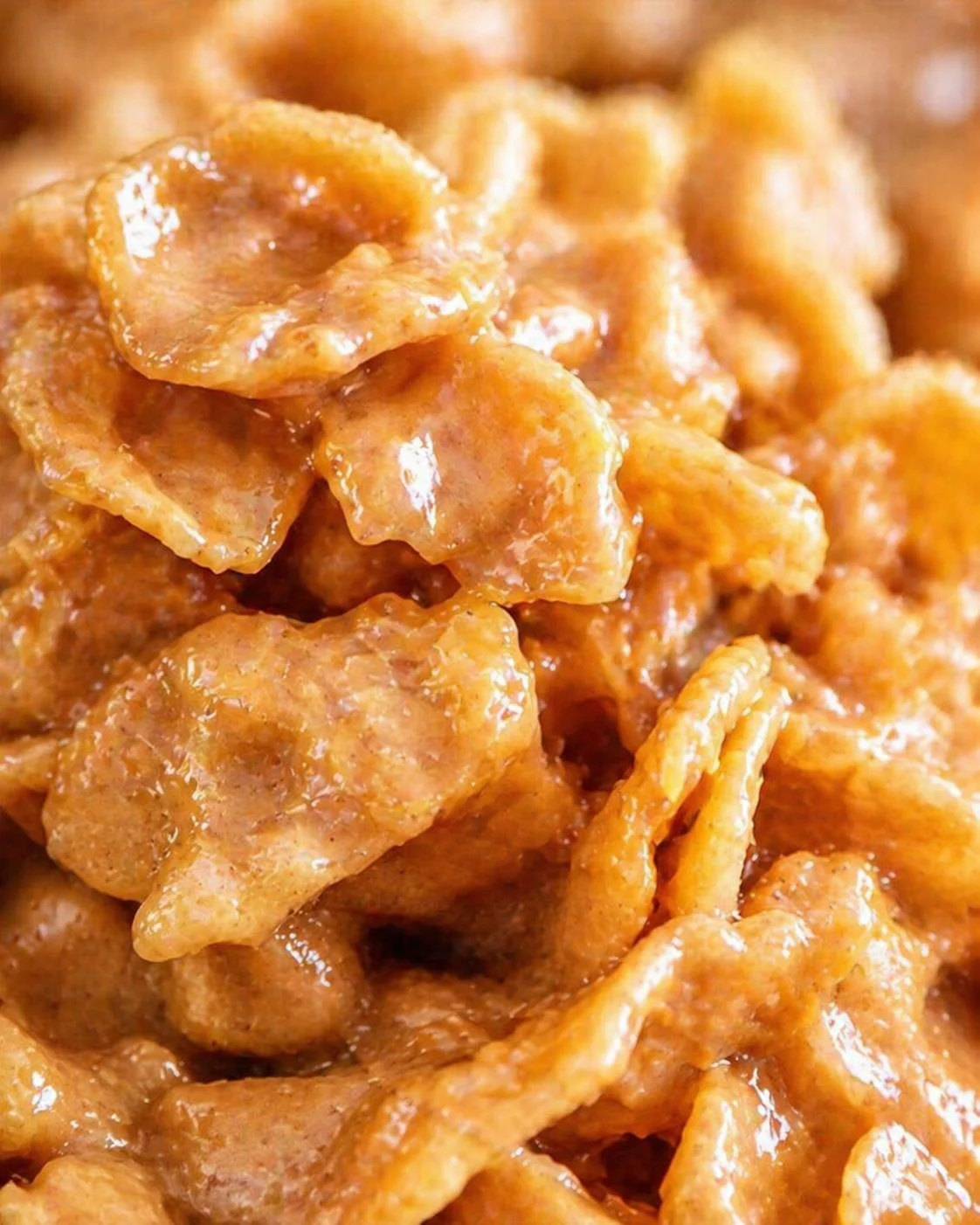 Close-up of glossy orange-brown glazed chicken bites in sticky sauce.
