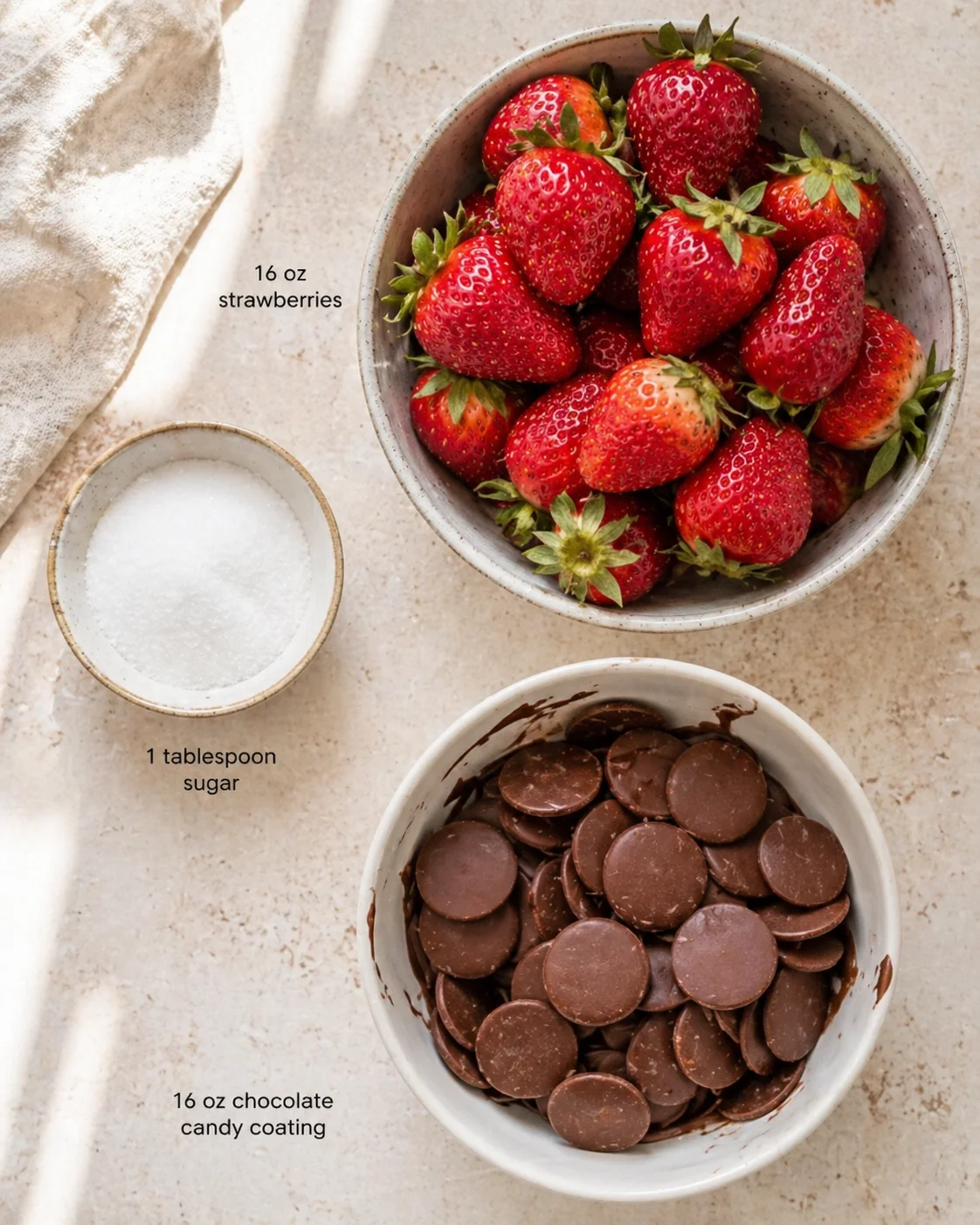 Top-down view of strawberries in a bowl with sugar and chocolate candy coating discs on a light countertop.