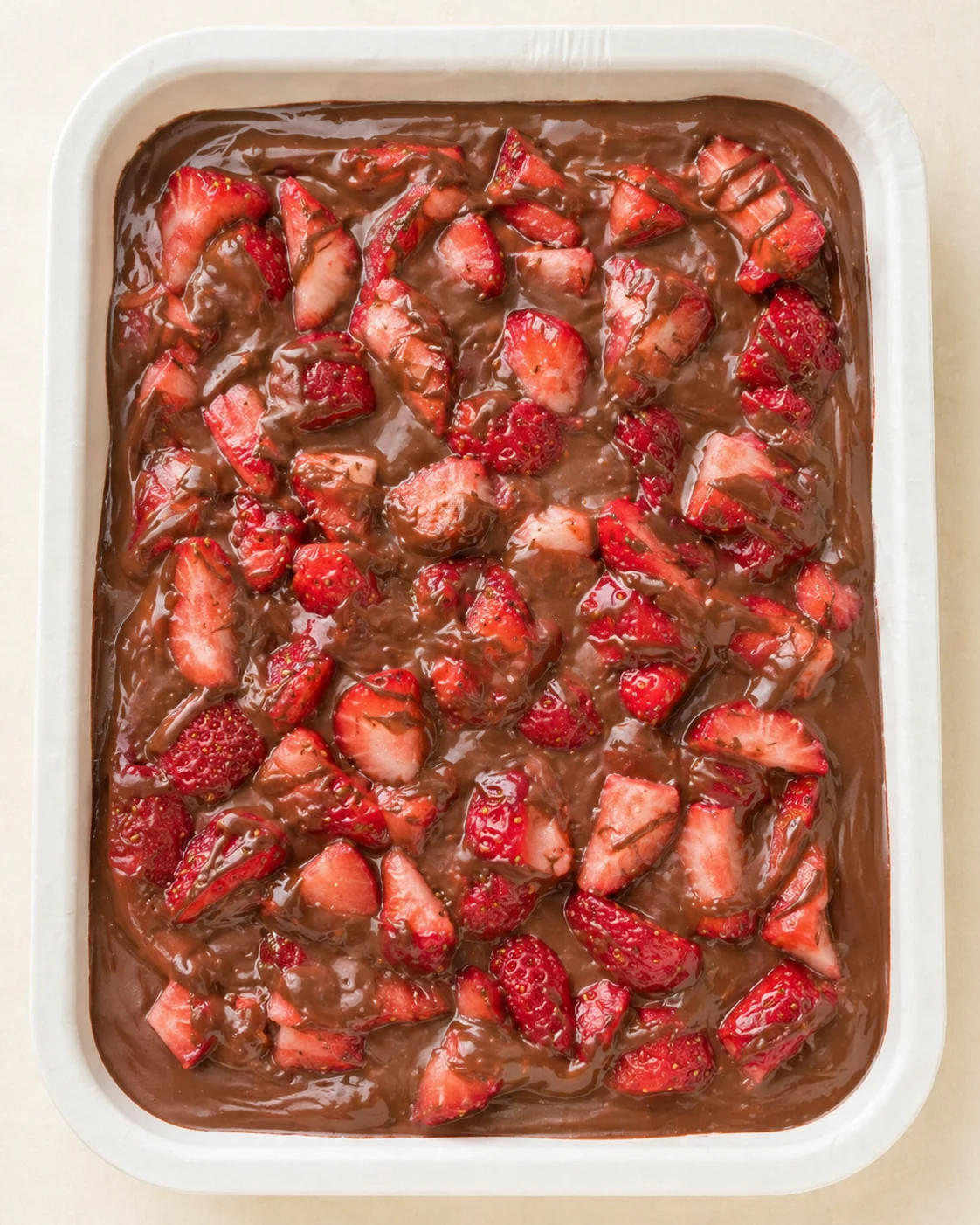 White baking dish filled with glossy melted chocolate and halved strawberries.