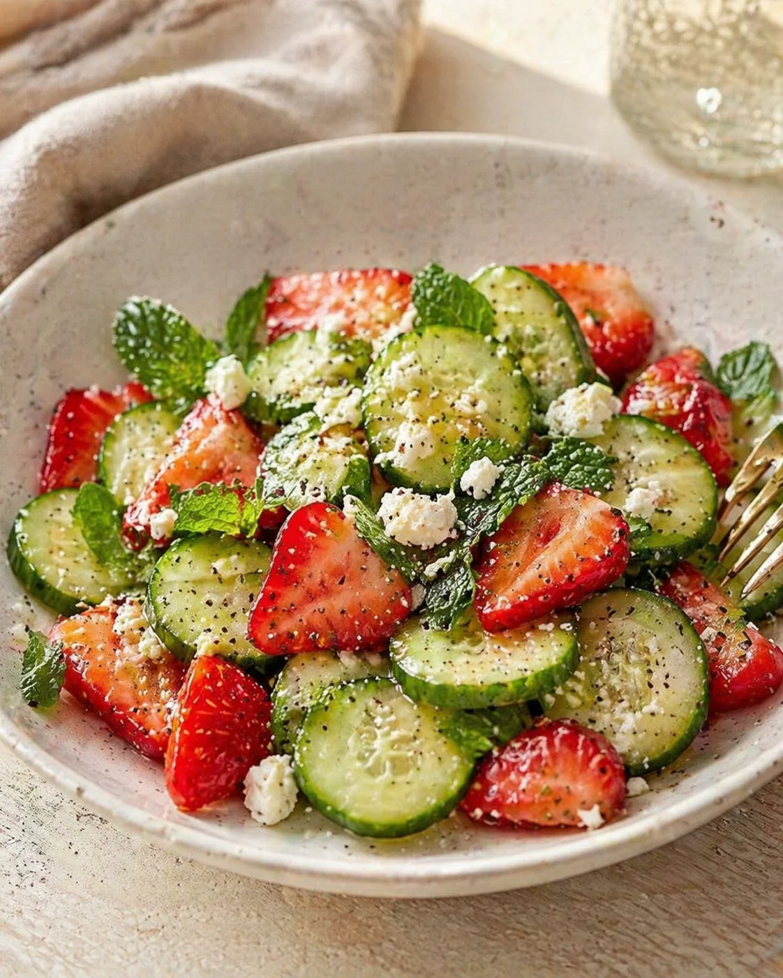 bowl of cucumber slices, strawberries, feta crumbles, and fresh mint leaves