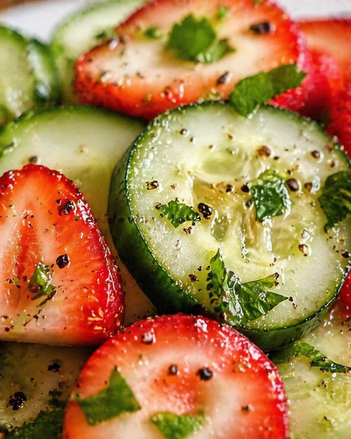 Close-up of cucumber slices and strawberry rounds with herbs and pepper.