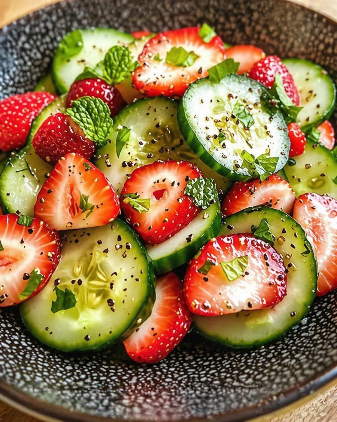 colorful strawberry and cucumber salad in a dark speckled bowl with fresh mint