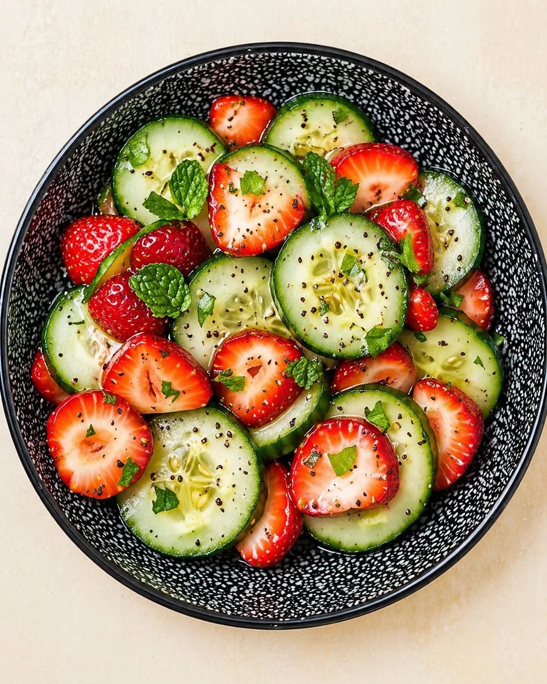speckled black bowl filled with cucumber slices, strawberry halves, and mint